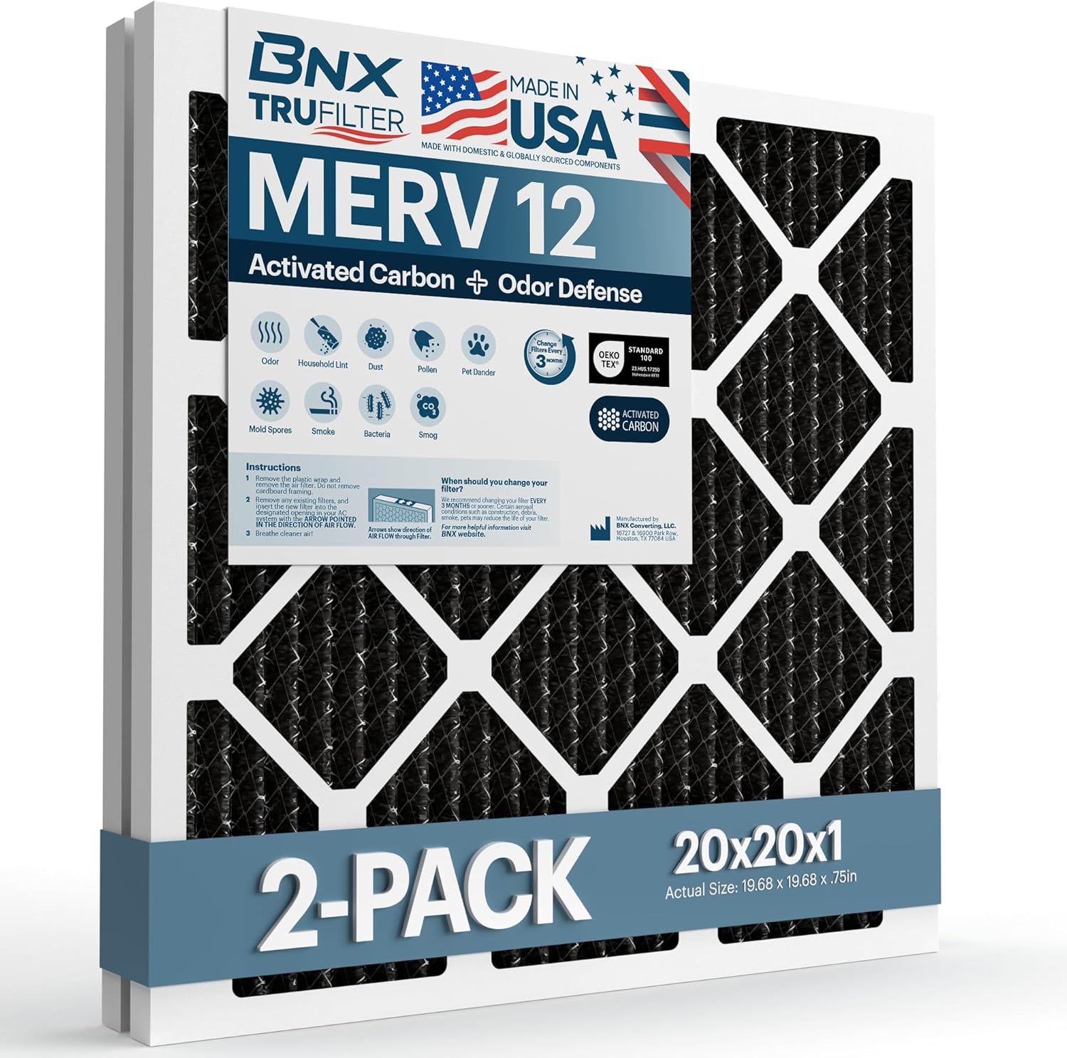 BNX TruFilter 20x20x1 MERV 12 Odor Defense (2-Pack) AC Furnace Air Filter with Activated Carbon