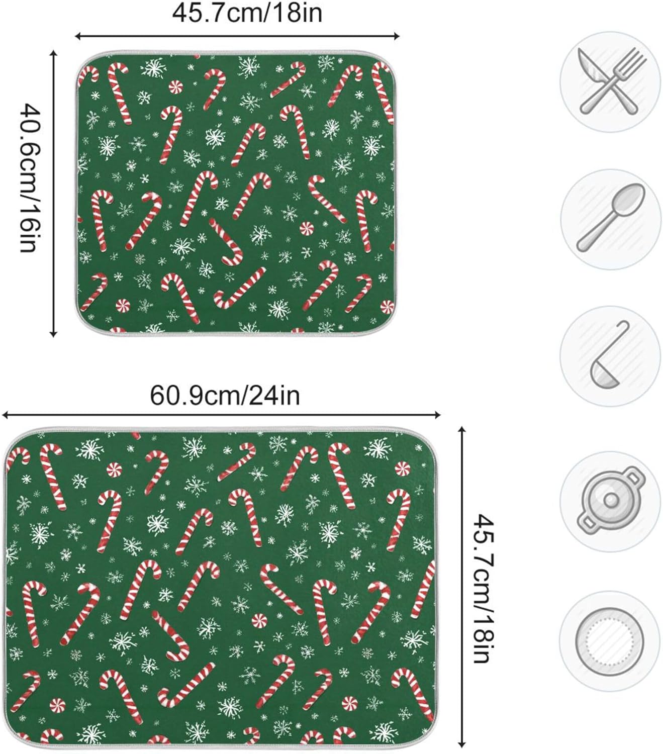 Christmas Candy Cane Dish Drying Mat for Kitchen Countertop 16x18 Winter Snowflake Green Xmas Small