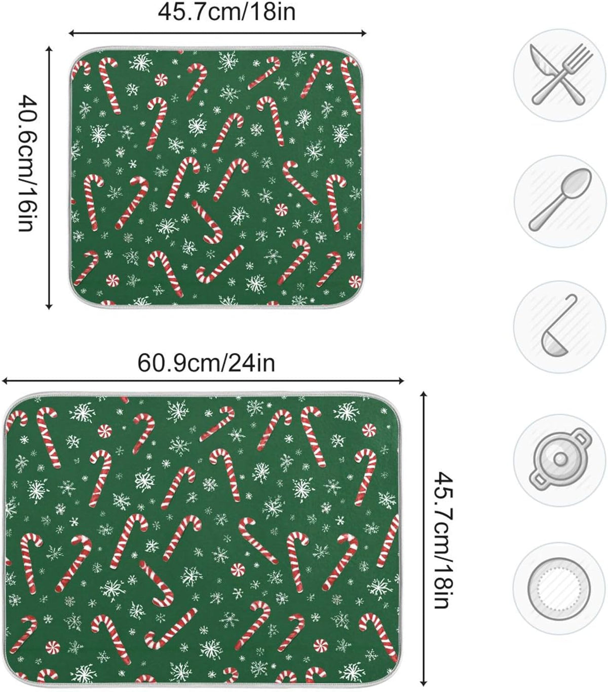 Christmas Candy Cane Dish Drying Mat for Kitchen Countertop 18x24 Winter Snowflake Green Xmas Large