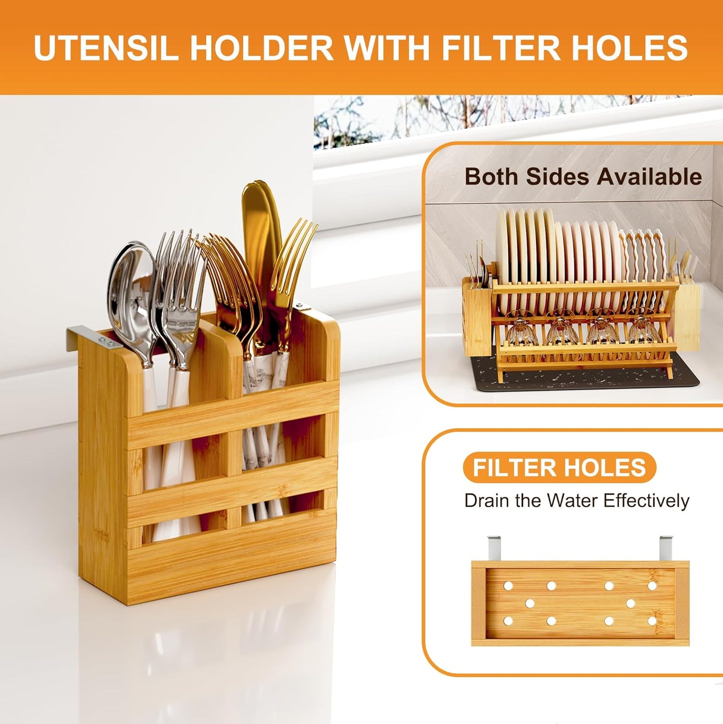 Greenual Bamboo Dish Drying Rack with Utensil Holder, 2 Tier Collapsible Dish Rack, Wooden Dish