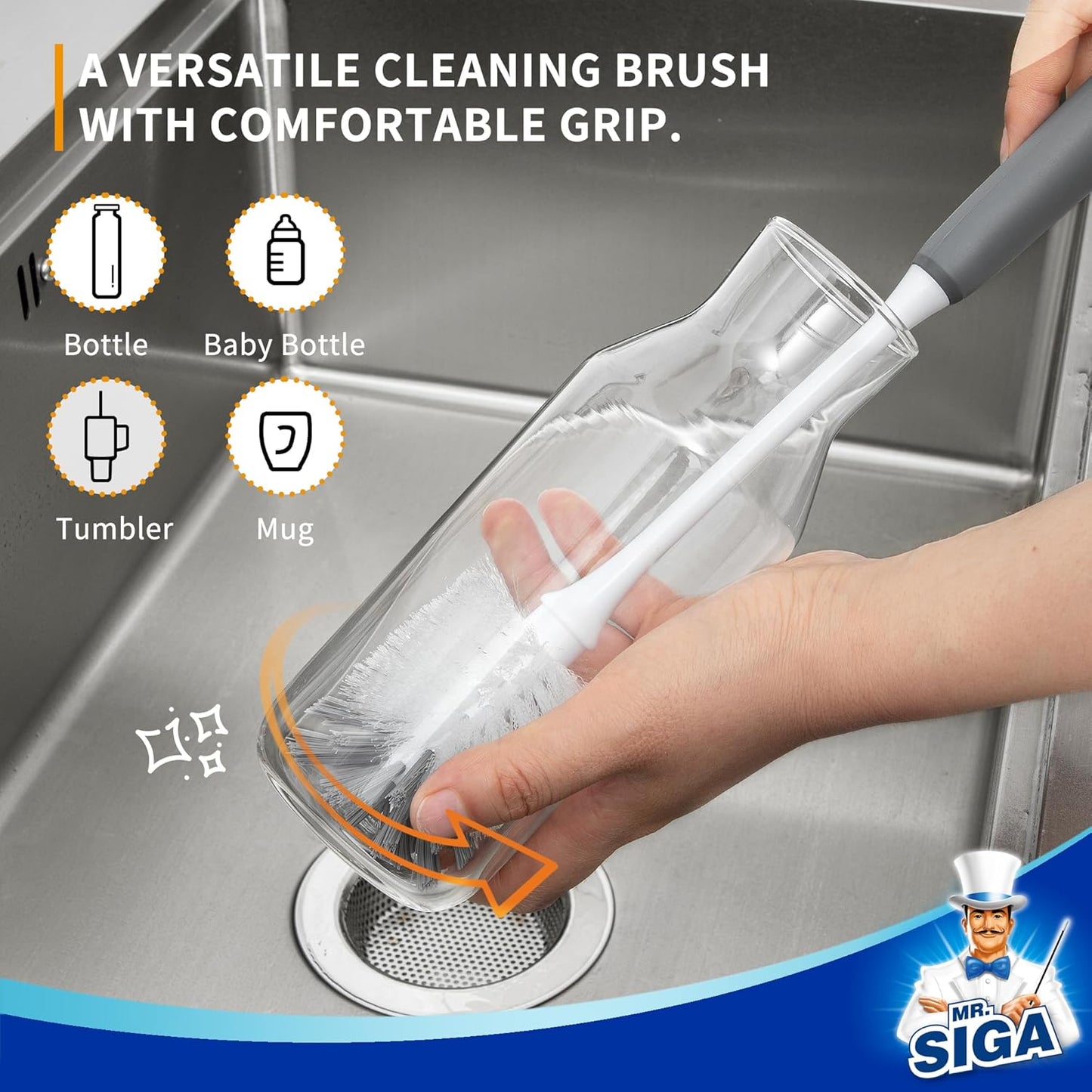 MR.SIGA Long Handle Bottle Brush, Flexible Scrub Brush for Water Bottles, Glasswares, Mugs, Gray, 2