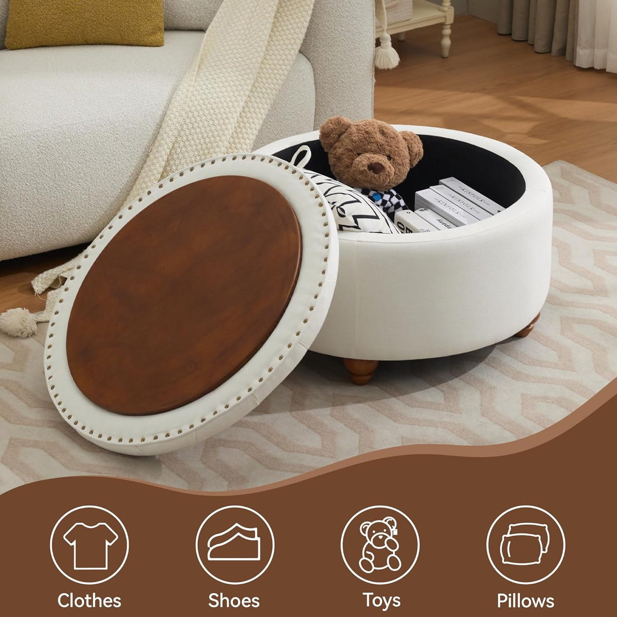 30Inch Round Storage Ottoman with Tray, Modern Tufted Fabric Circle Coffee Table with Storage