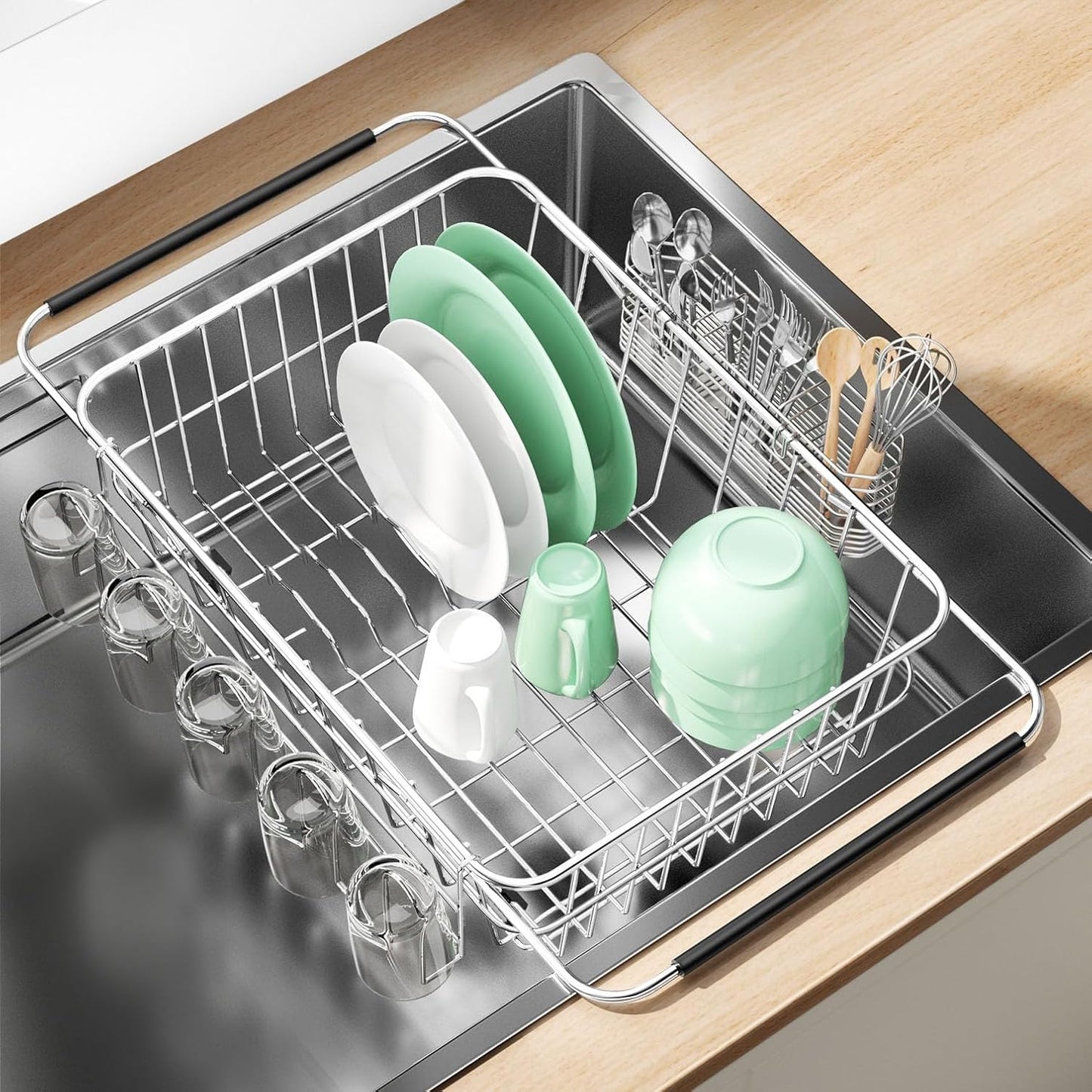 Dish Drying Rack in Sink, Extendable Stainless Steel Dish Drainers for Kitchen Counter, Anti-Rust