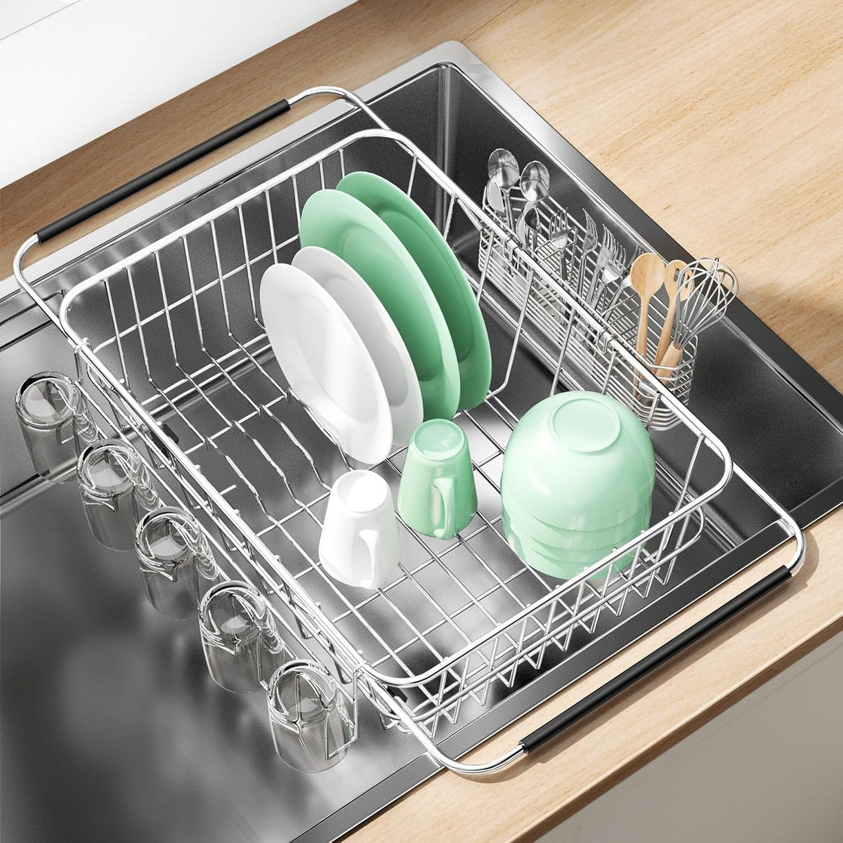 Dish Drying Rack in Sink, Extendable Stainless Steel Dish Drainers for Kitchen Counter, Anti-Rust
