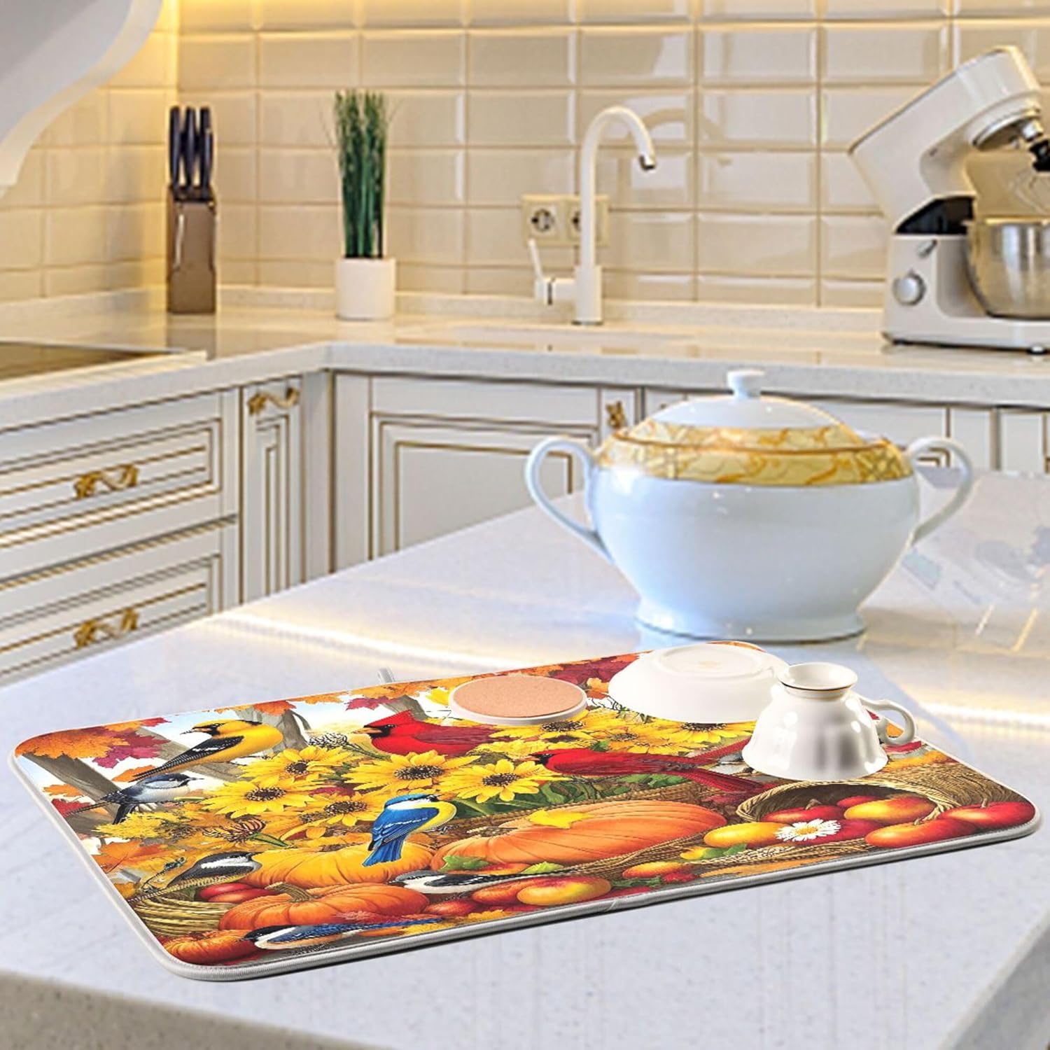 Fall Birds Dish Drying Mat for Kitchen Countertop 16x18 Autumn Pumpkin Sunflower Small Drying Mat