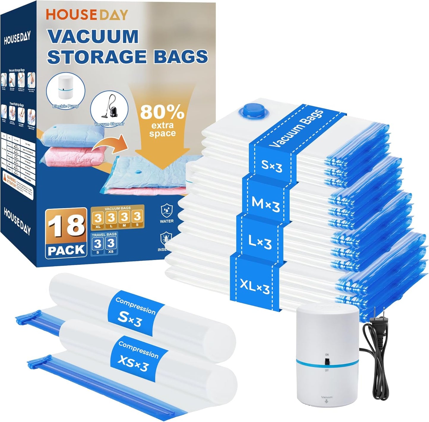 HOUSE DAY 18 Pack Vacuum Storage Bags with Electric Pump, Valve, Space Saver Vacuum Seal Bags for
