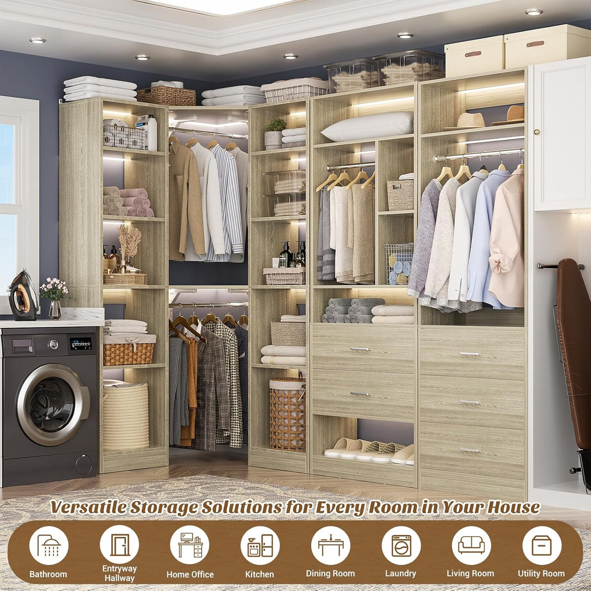 Corner Closet System with 5 Drawers, Closet Organizer System with 15+Shelvess & 4 Hanging Rods