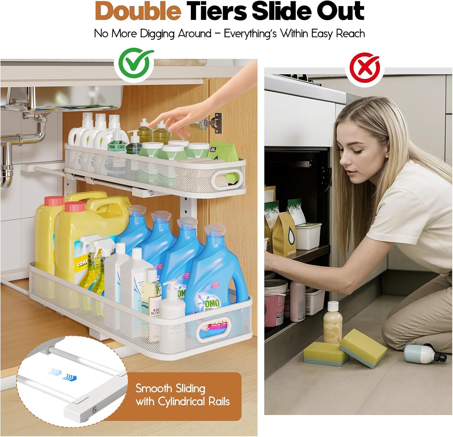 2 Pack 21.3IN-Depth Under Sink Organizer with Smooth Cylindrical Rail,2-Tier Pull Out Multi-Purpose