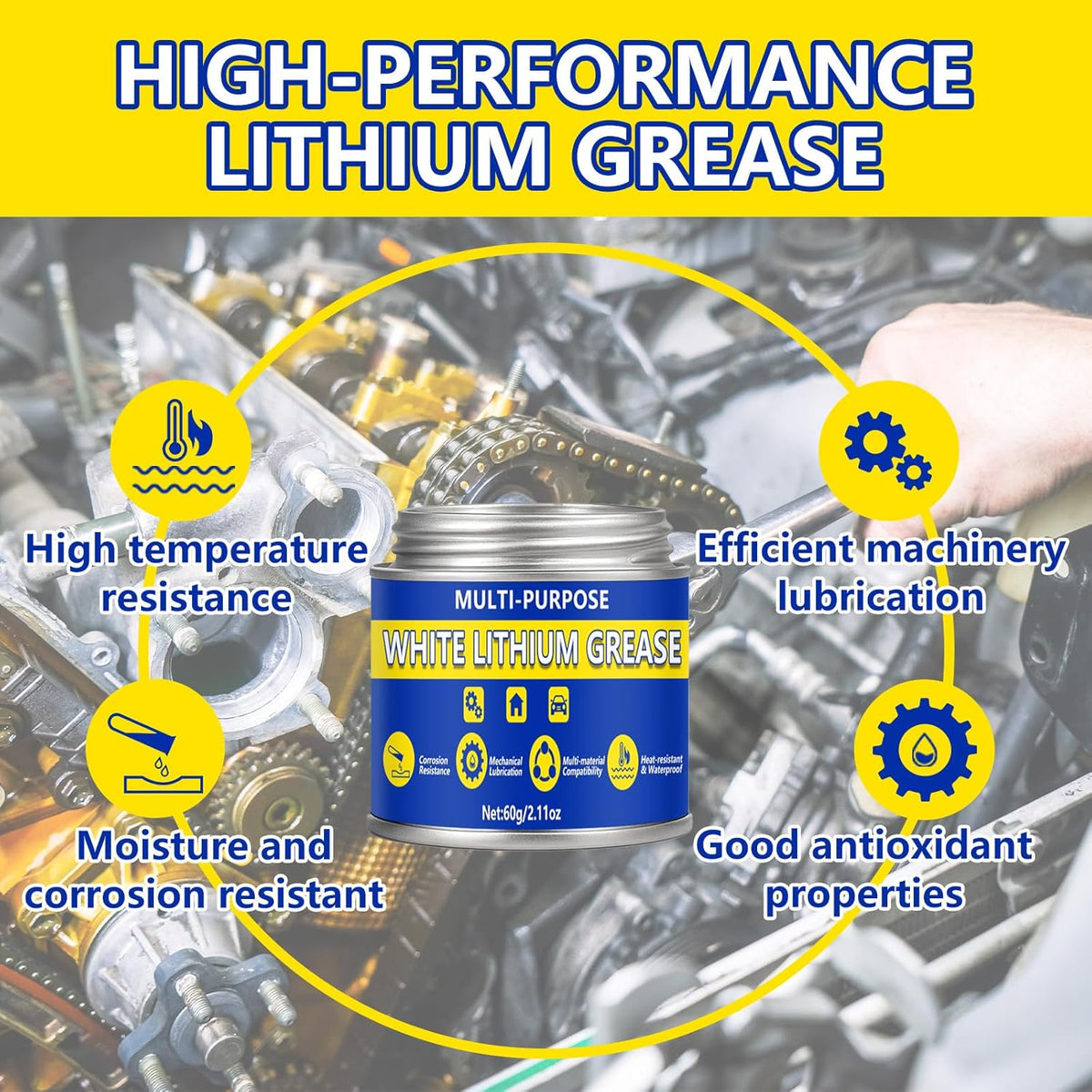 AstraVox Multi-Purpose White Lithium Grease, 60ml Automotive Grease with Brush for Hinges, Wheel