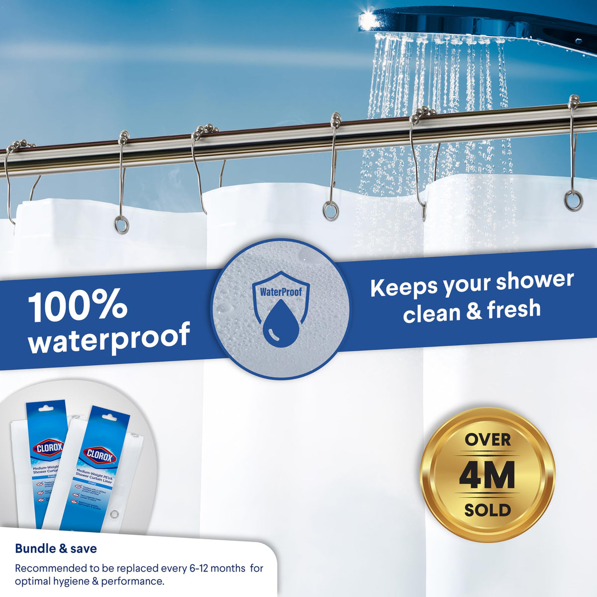 Clorox Shower Curtain Liner, Premium Medium-Weight Durable Waterproof 6g PEVA for Bathroom with