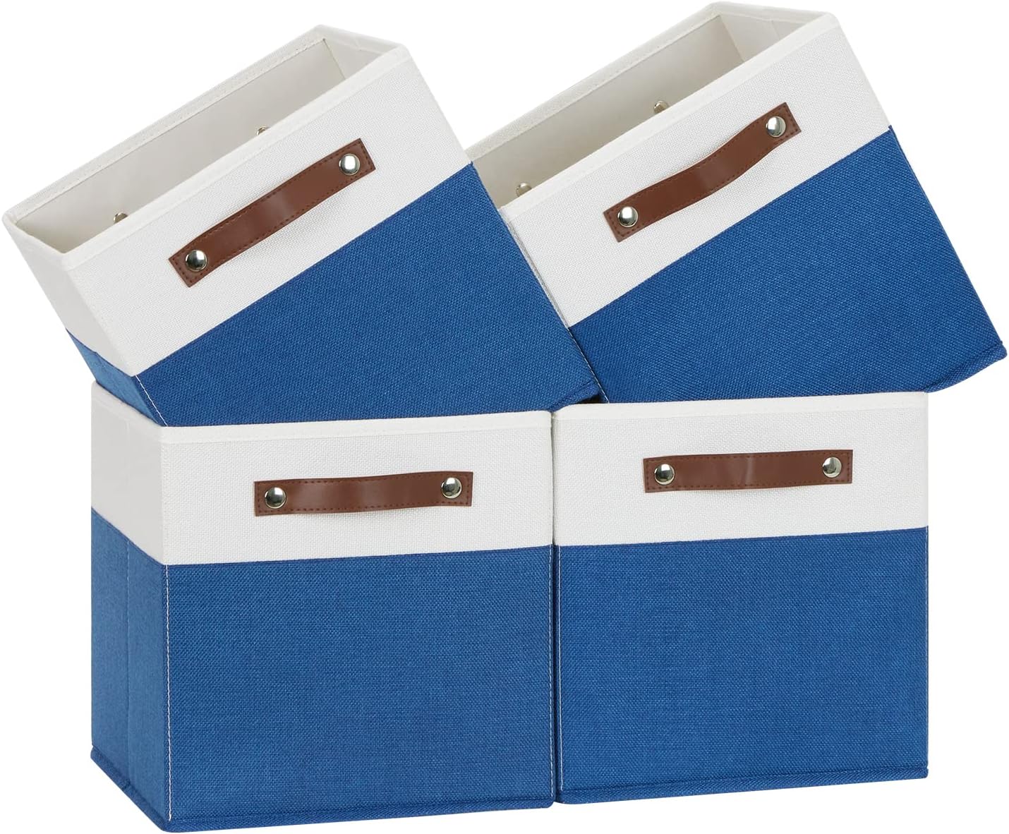 Temary 11 Storage Cube Bins for Shelves, Closet - 4 Pack Fabric Baskets With Leather Handles (White