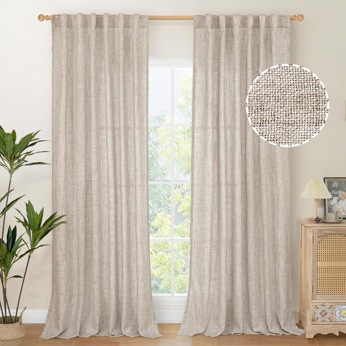 YoungsTex Natural Linen Curtains 90 Inches Long for Living Room Back Tab Textured Light Filtering