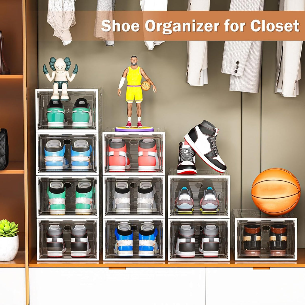 10 Pack Thicken Shoe Organizer Stackable,Upgraded Sturdy Shoe Storage Box with Magnetic Door,Shoe