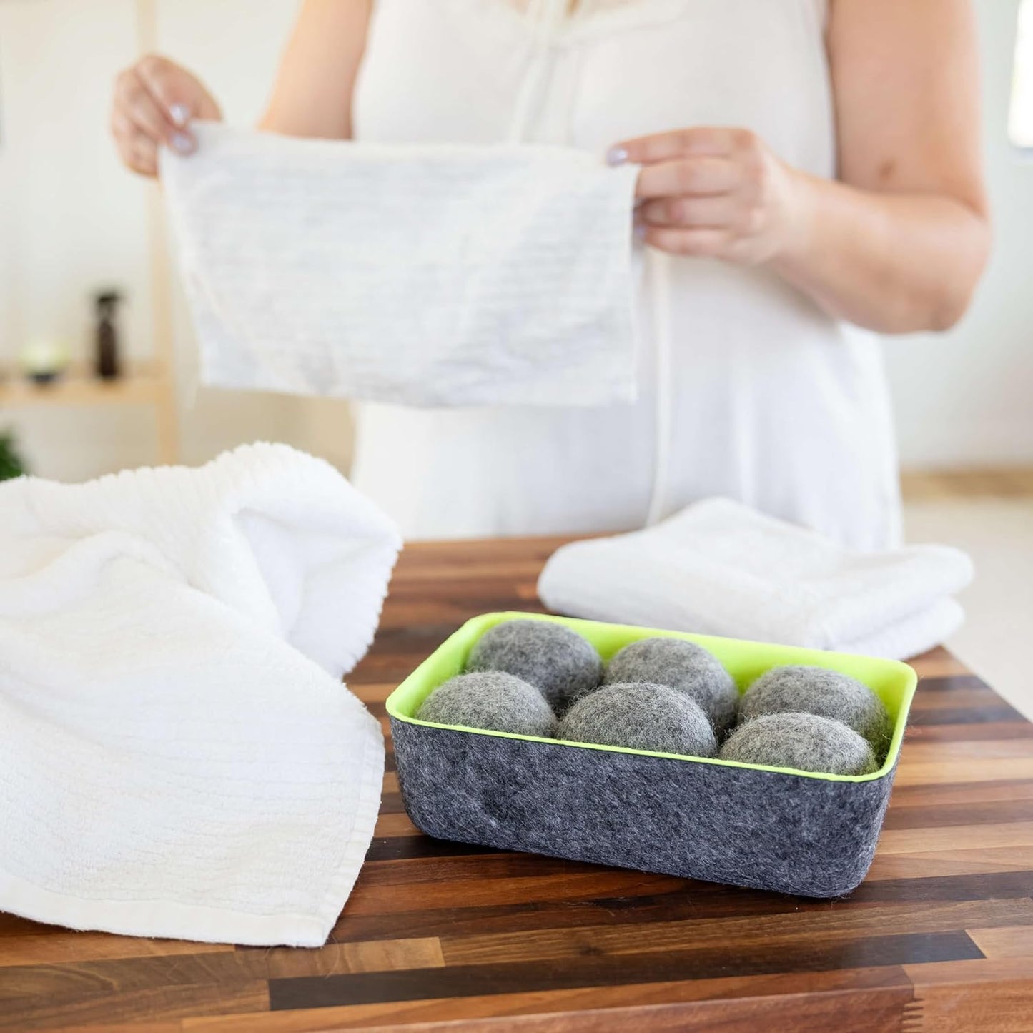 Three by Three Seattle Felt·Like·it!™ Wool Dryer Balls + Storage Bin: Reduce Drying Time, Static