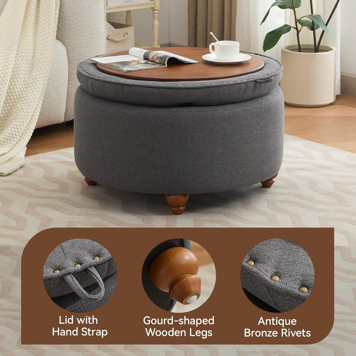 30Inch Round Storage Ottoman with Tray, Modern Tufted Fabric Circle Coffee Table with Storage