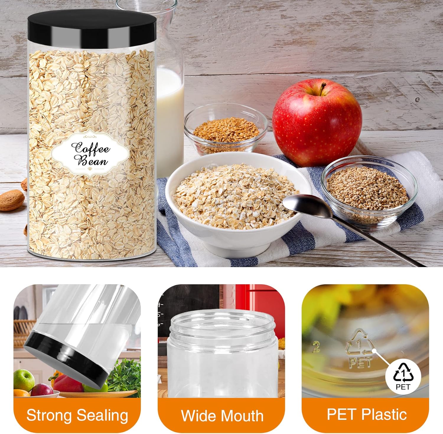 Plastic Jars with Lids, 16 Pcs 32 OZ Large Plastic Storage Jars with Black Leakproof Lids Cylinder