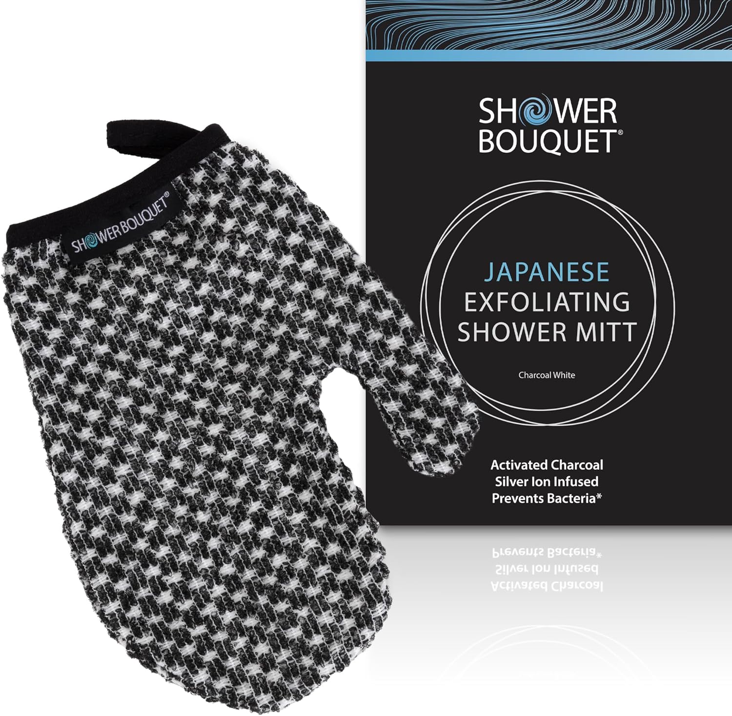 Japanese Exfoliating Mitt for Shower [1-Pack, White] - Charcoal & Silver Ion Exfoliating Glove