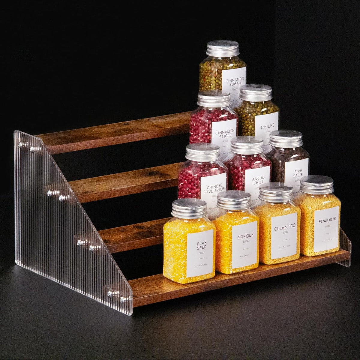 nianfeng Tiered Spice Rack, 4-Tier Spice Pantry Kitchen Cabinet Organizer, 12-Inch, Natural Wood