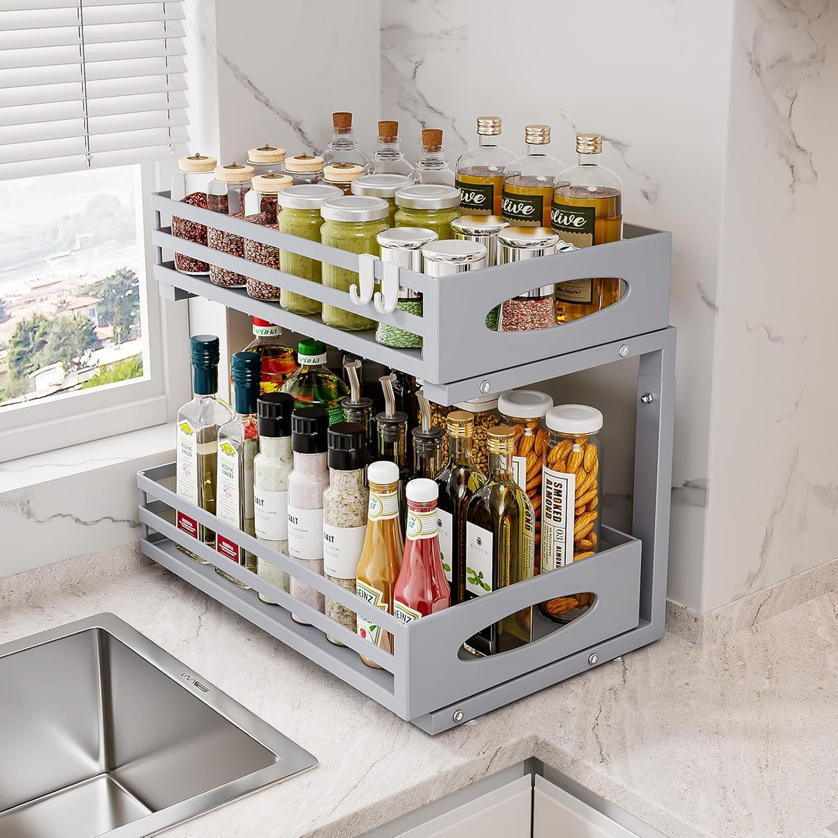 Under Sink Organizer, 2 Tier Under Sink Organizers and Storage, Adjustable Height, Slide Out Metal