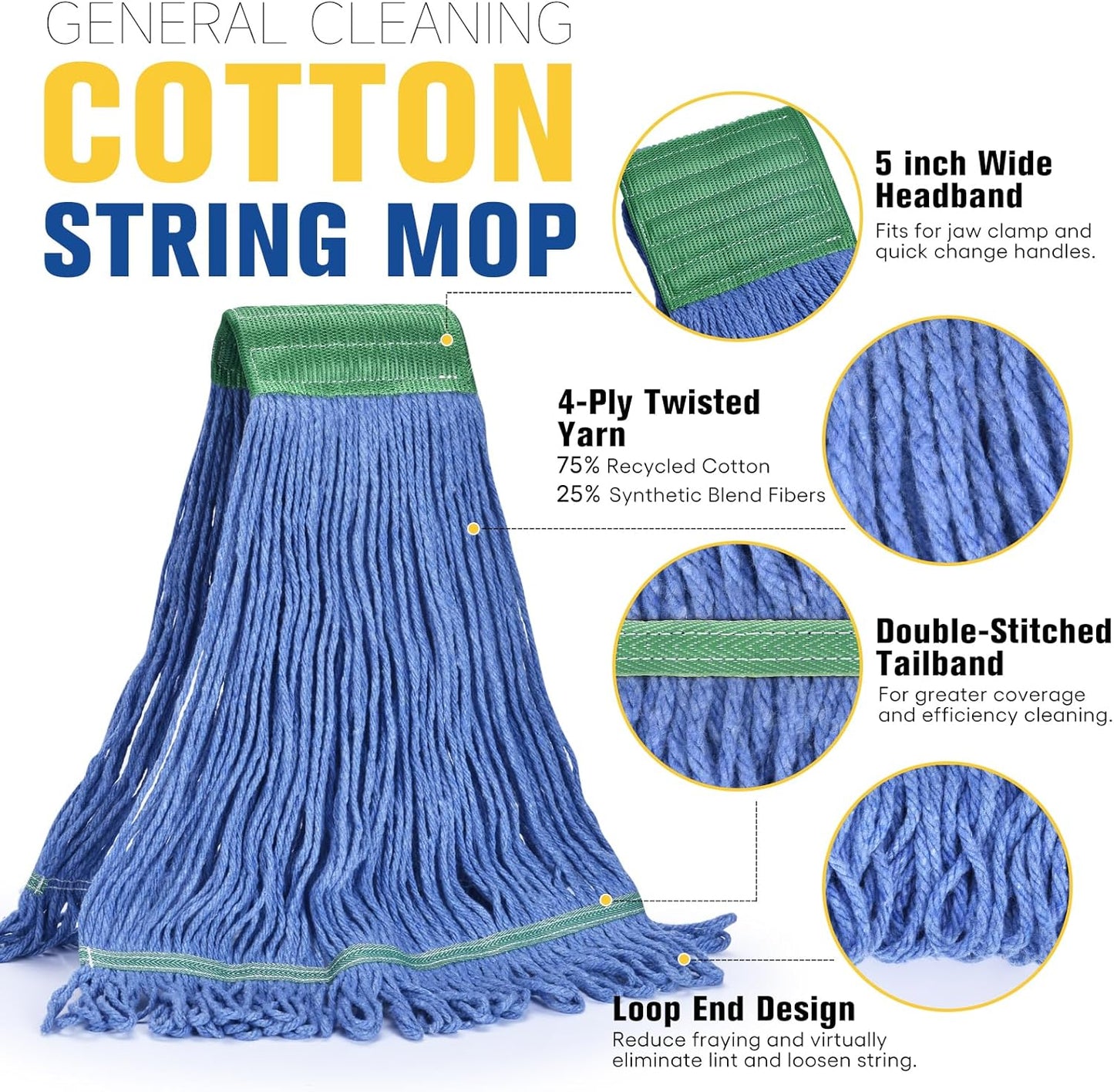 Matthew Cleaning Commercial Mop Head Replacement, 5 Inch Wide Headband, Looped End Cotton Blend