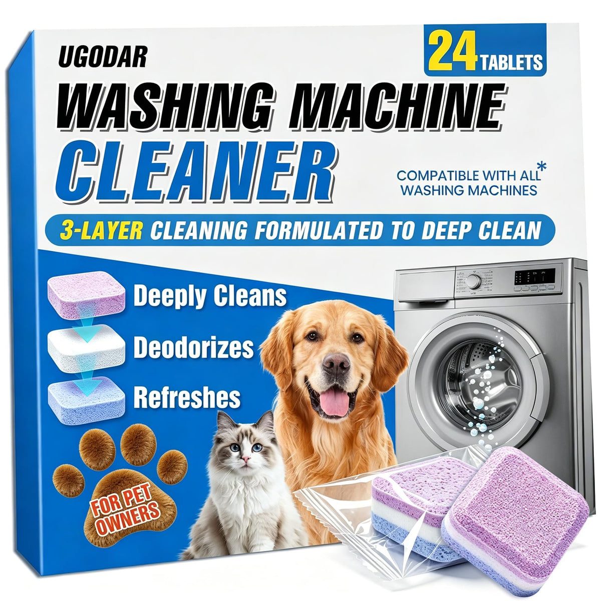 UGODAR Washing Machine Cleaner Tablets 24-Pack, 3-Layer Formula Deep Cleaning, Pet Hair & Odor