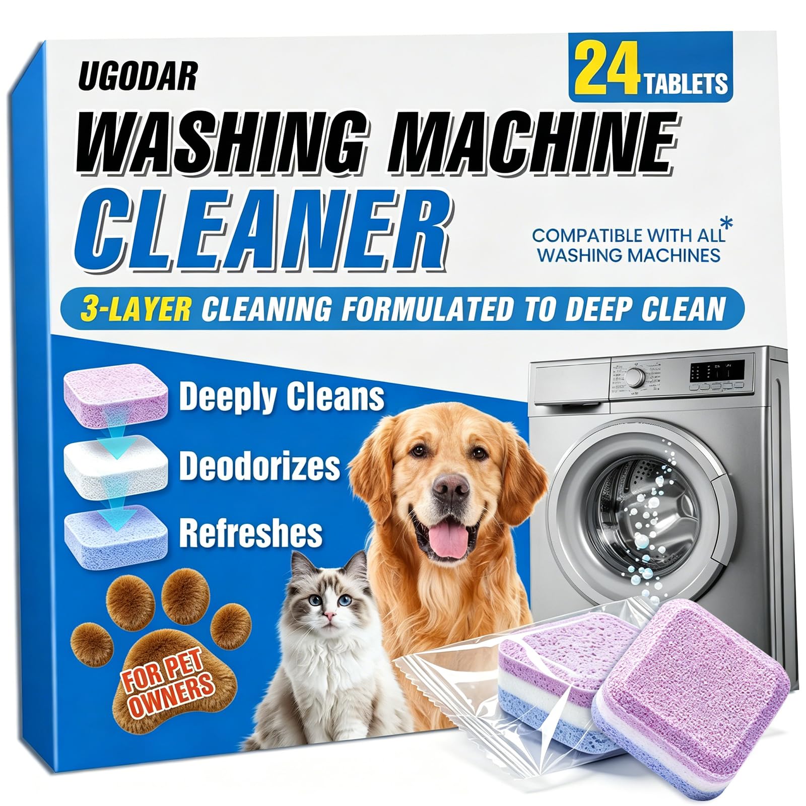 UGODAR Washing Machine Cleaner Tablets 24-Pack, 3-Layer Formula Deep Cleaning, Pet Hair & Odor