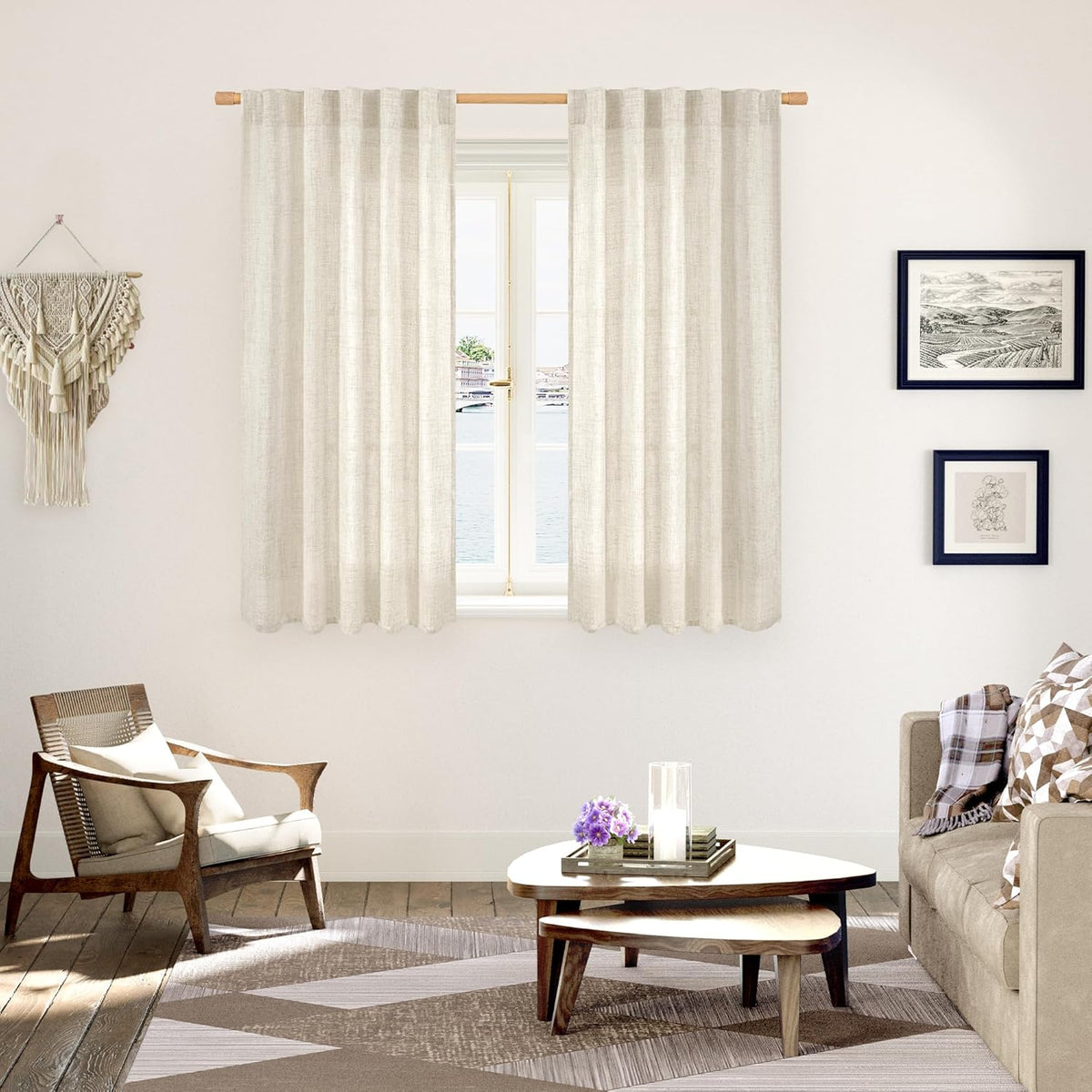 YoungsTex Linen Curtains 45 Inch Length for Kitchen Window, Cream Short Semi Sheer Drapes with Rod