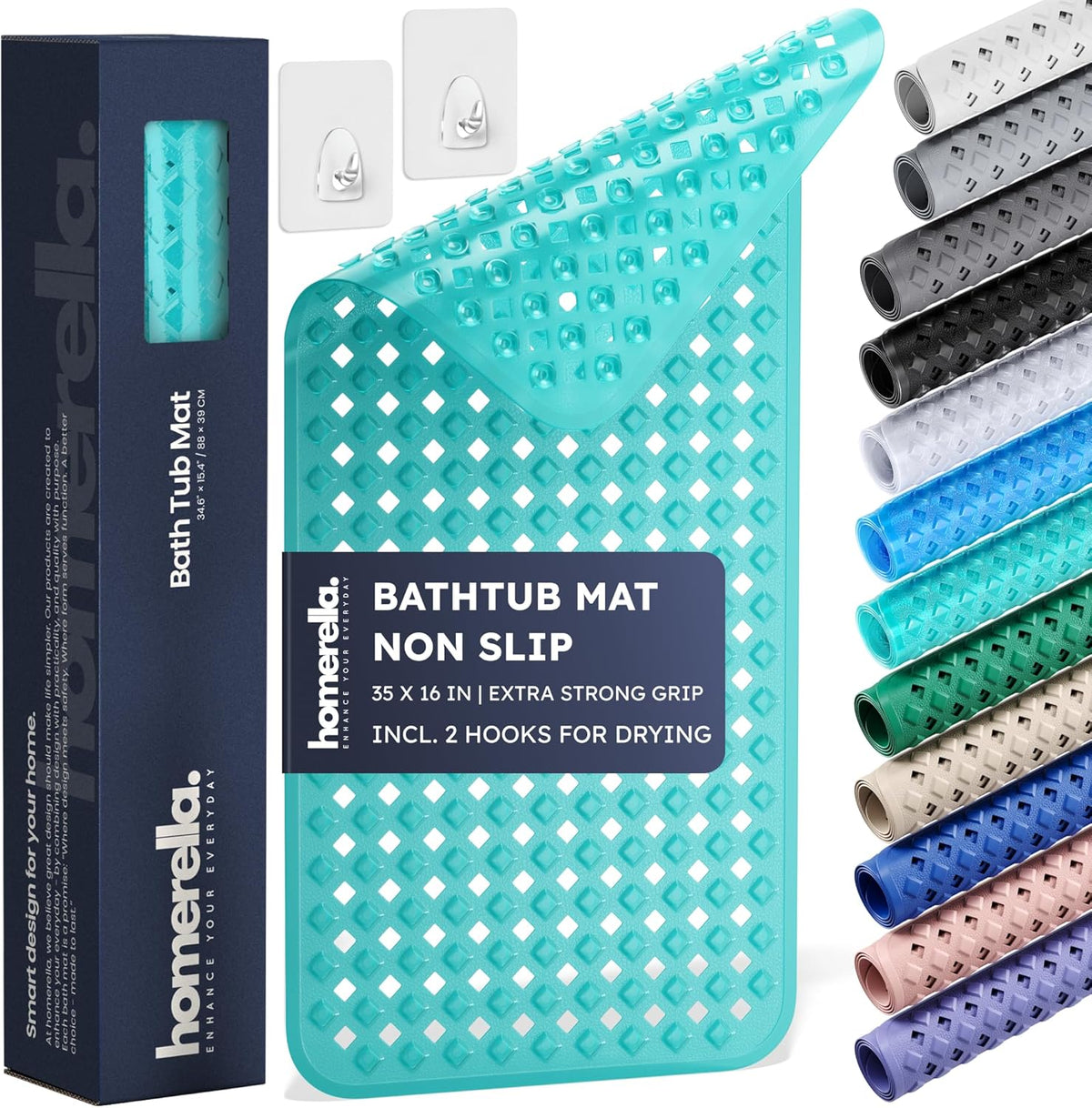 homerella® Bathtub Mat Non Slip 35x16, Incl. Hooks for Drying, Extra Long, 100% BPA Free, Shower