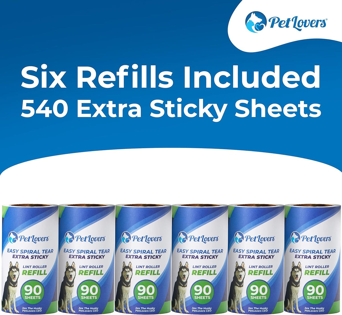 PetLovers Extra Sticky Lint Roller 6 Pack of Refills Only - No Handle Included - 90 Sheets Per