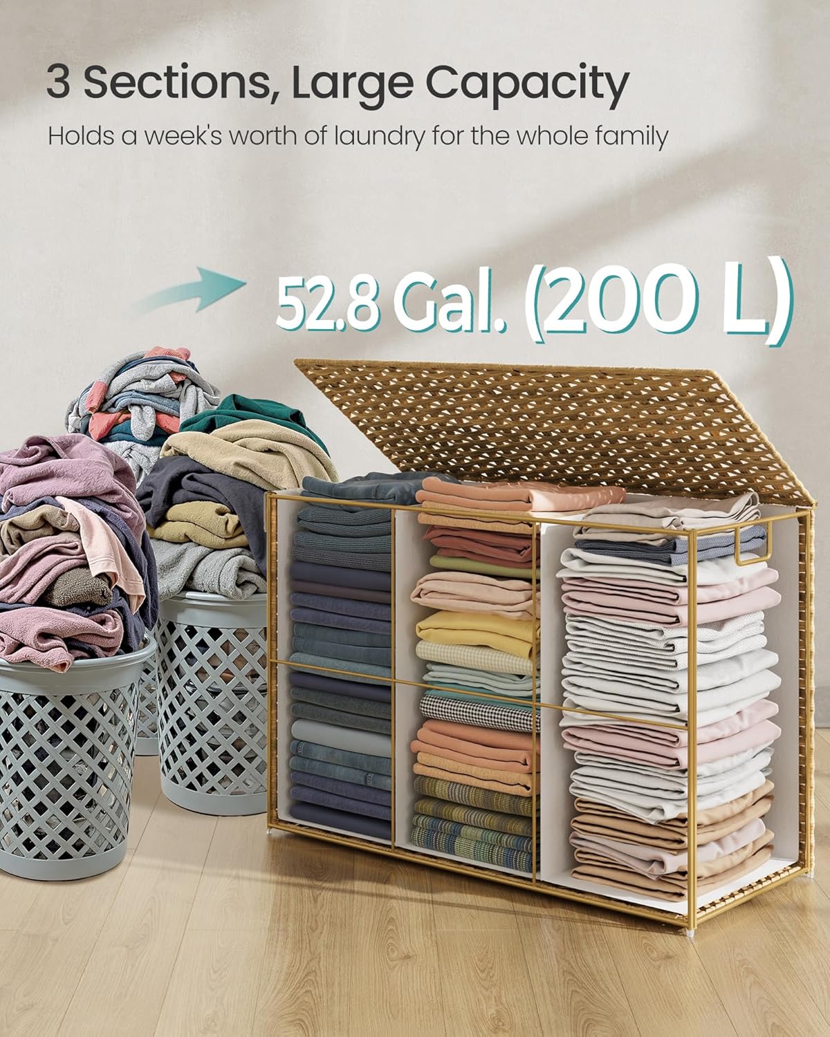 SONGMICS Laundry Hamper with Lid, 52.8 Gallon (200 L) Synthetic Rattan Clothes Laundry Basket with