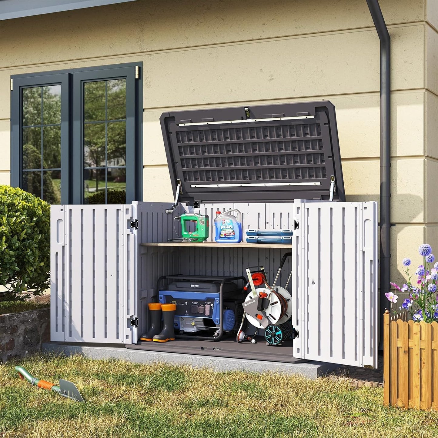 Aoxun Outdoor Storage Cabinet 35 Cu.Ft Outdoor Trash Can Storage Shed Waterproof Horizontal Storage