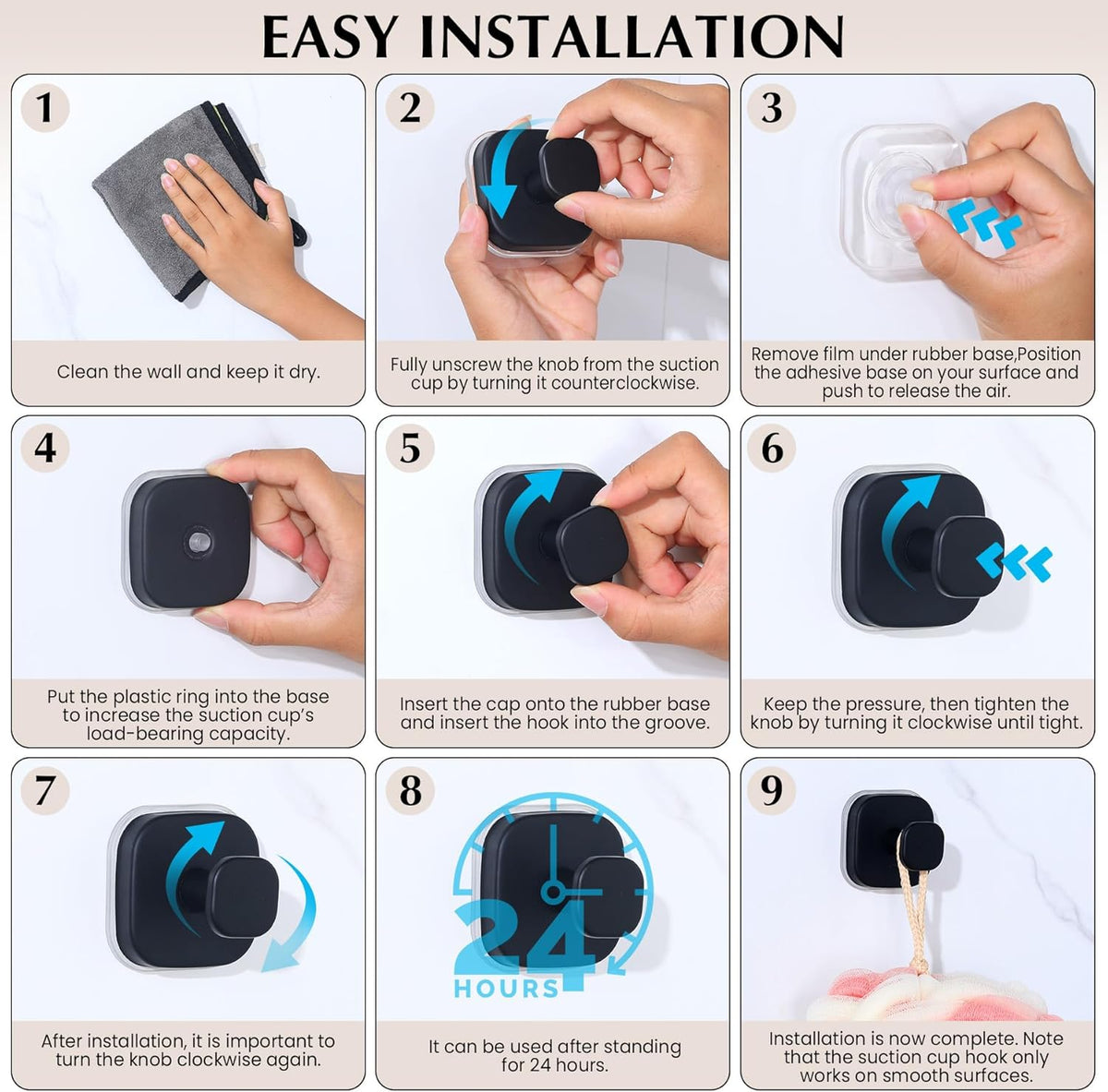 Suction Cup Hooks for Shower - Reusable No-Drill Mounting - Hooks for Towels, Robes & Loofah on