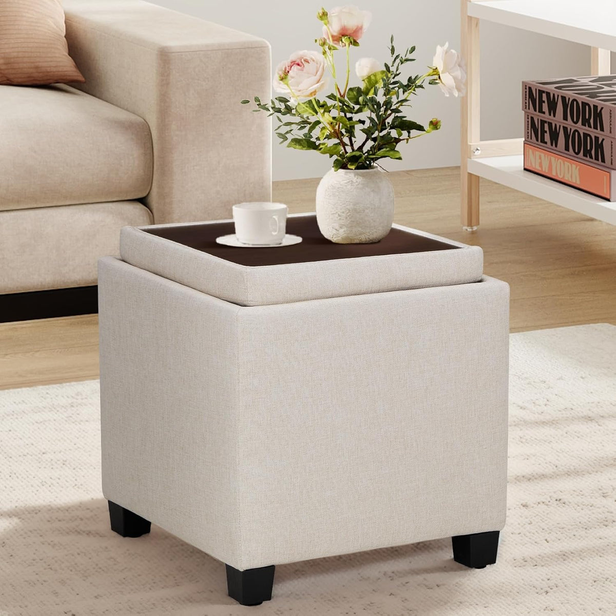 COLAMY Fabric Square Storage Ottoman with Reversible Tray Lid – Multi-Functional Footrest, Hidden