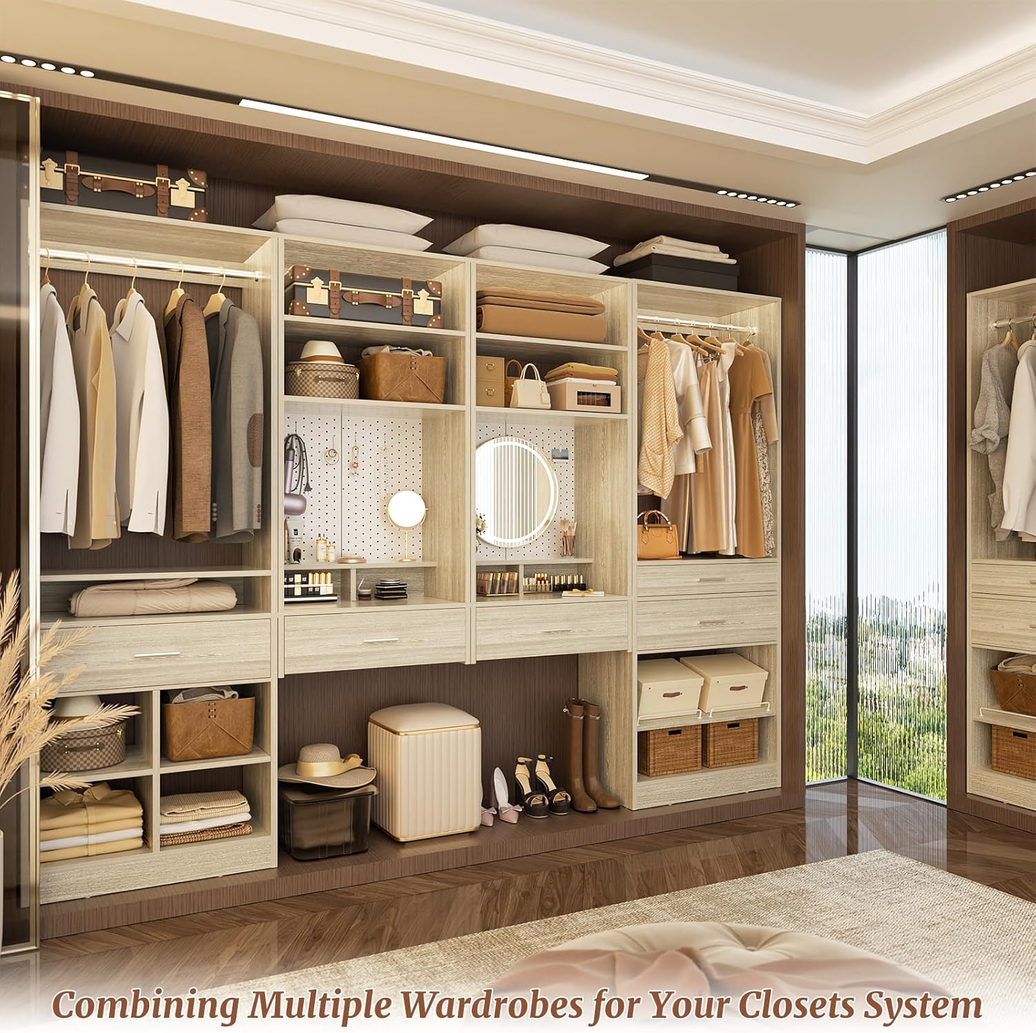 Unikito 75” Modular Closet System, Freestanding Closet Organizer with Hanging Rods, Drawers