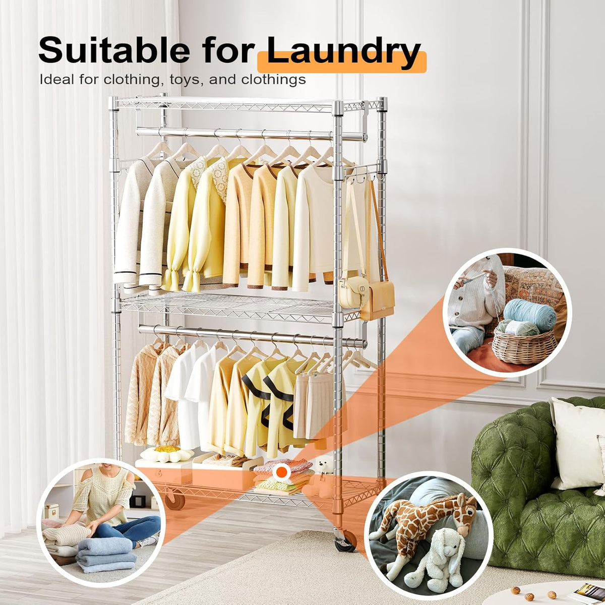 Heavy Duty Rolling Garment Rack 3 Tiers Adjustable Wire Shelving Clothes Rack with 2 Rods and Side