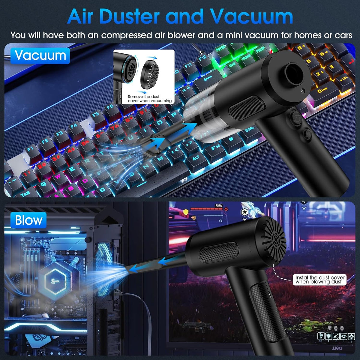 Compressed Air Duster, 100000RPM Handheld Car Vacuum/Air Blower& Pump, 3 Gear Adjustable Electric