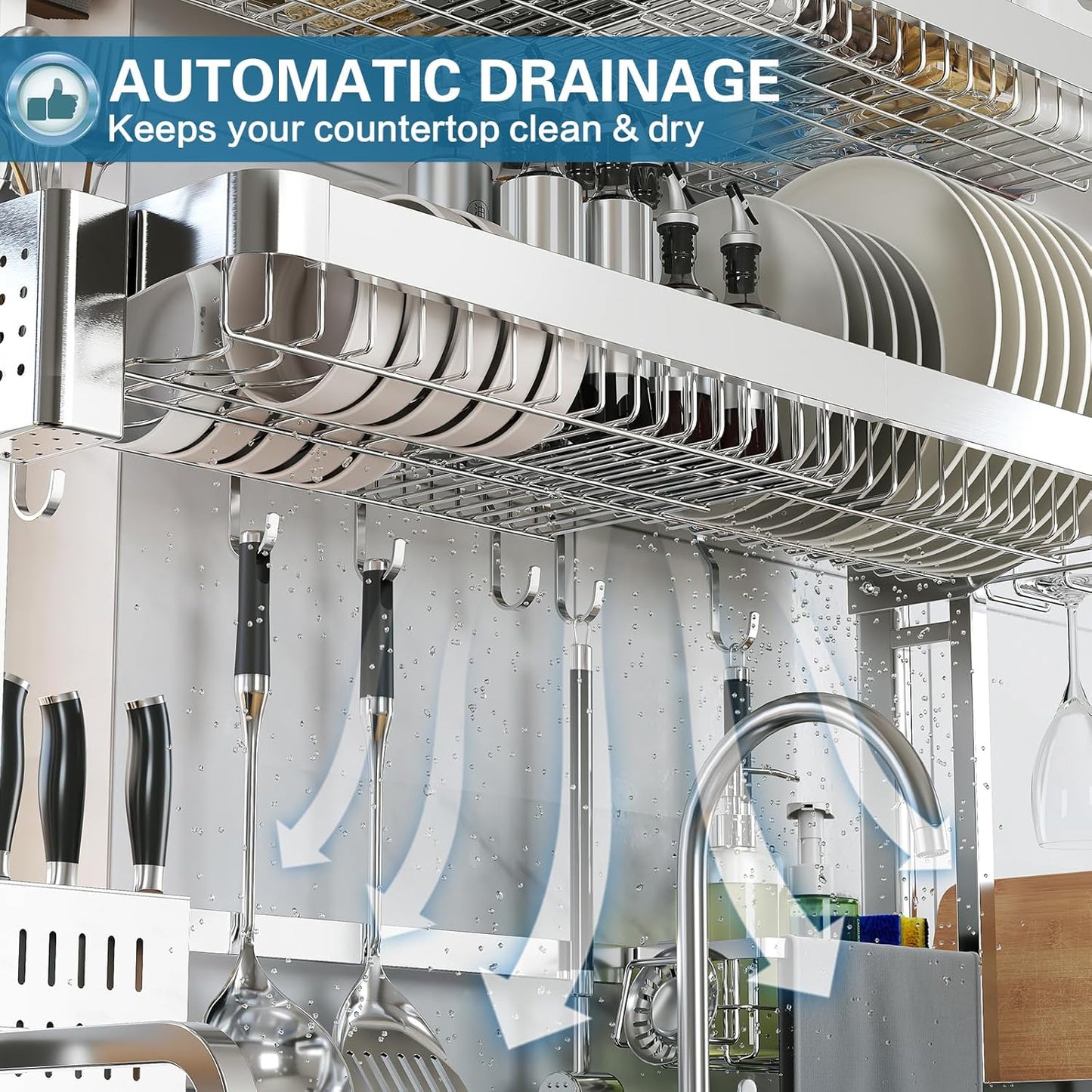 Over The Sink Dish Drying Rack,3 Tier Adjustable Length Full Stainless Steel Large Storage Kitchen