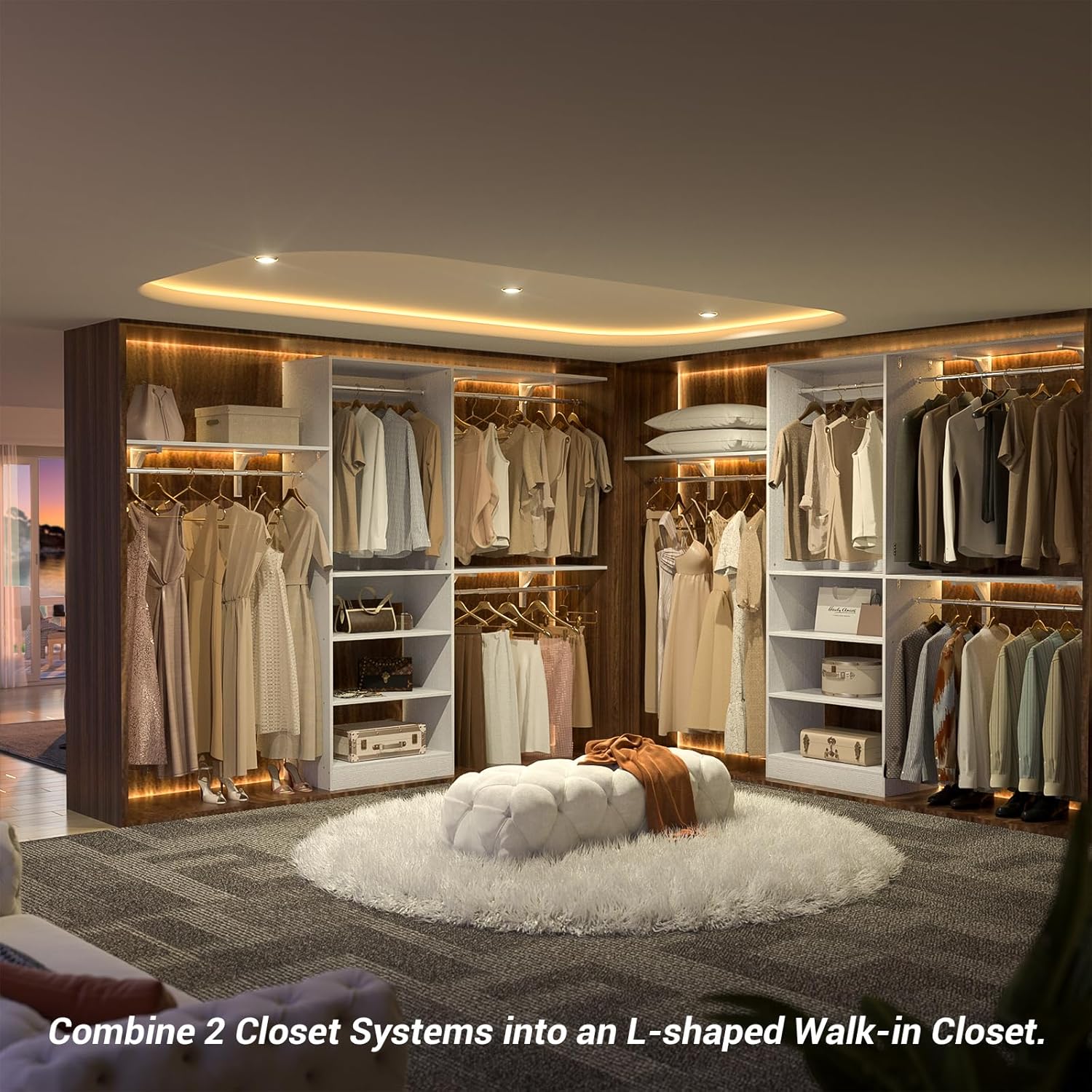 8FT Closet System with Shelves, 96'' Closet Organizer System with 3 Hanging Rods, Wall Mount