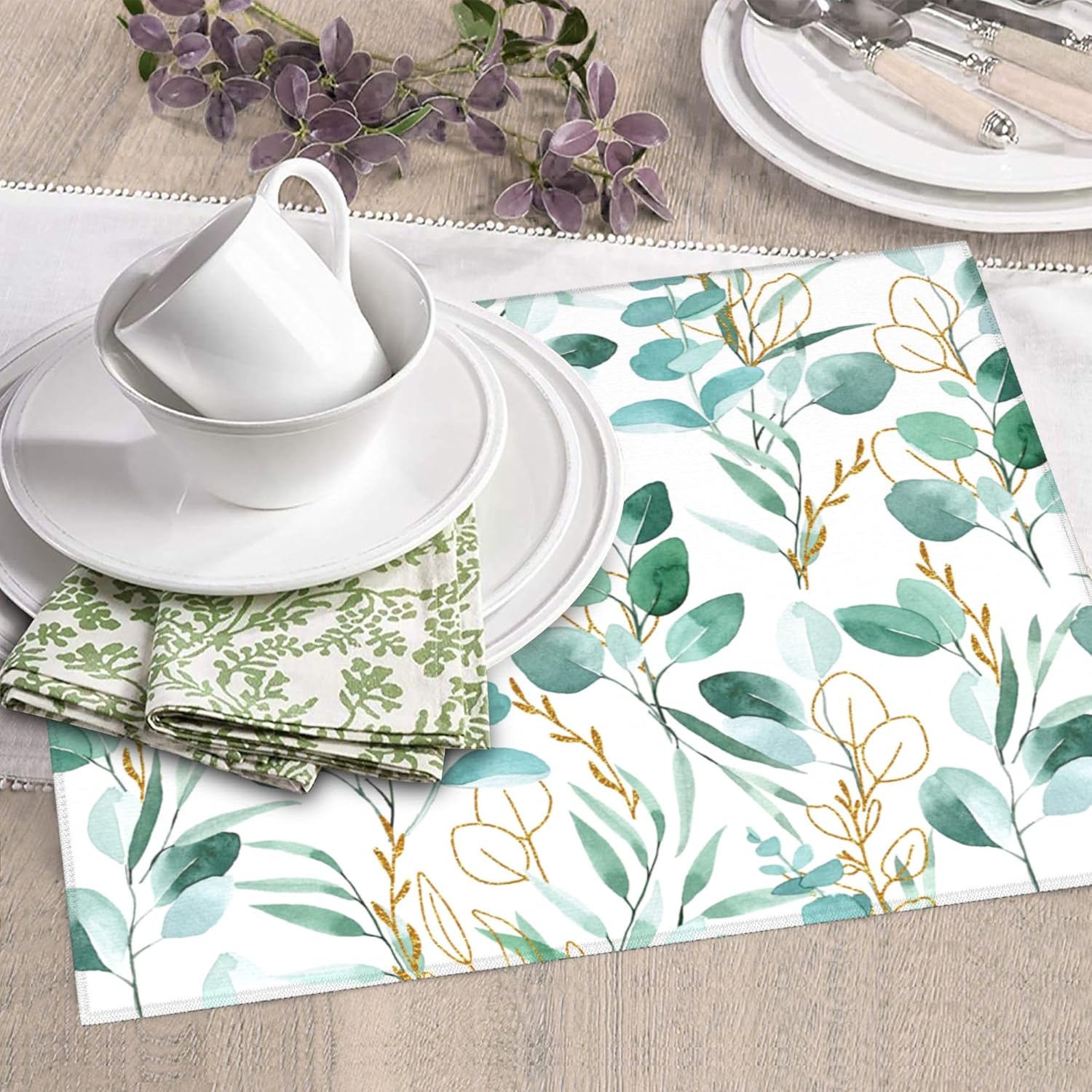 Sage Green Leaves Dish Drying Mat for Kitchen Counter Cute Botanical Dish Drainer Rack Mats 16"x18"
