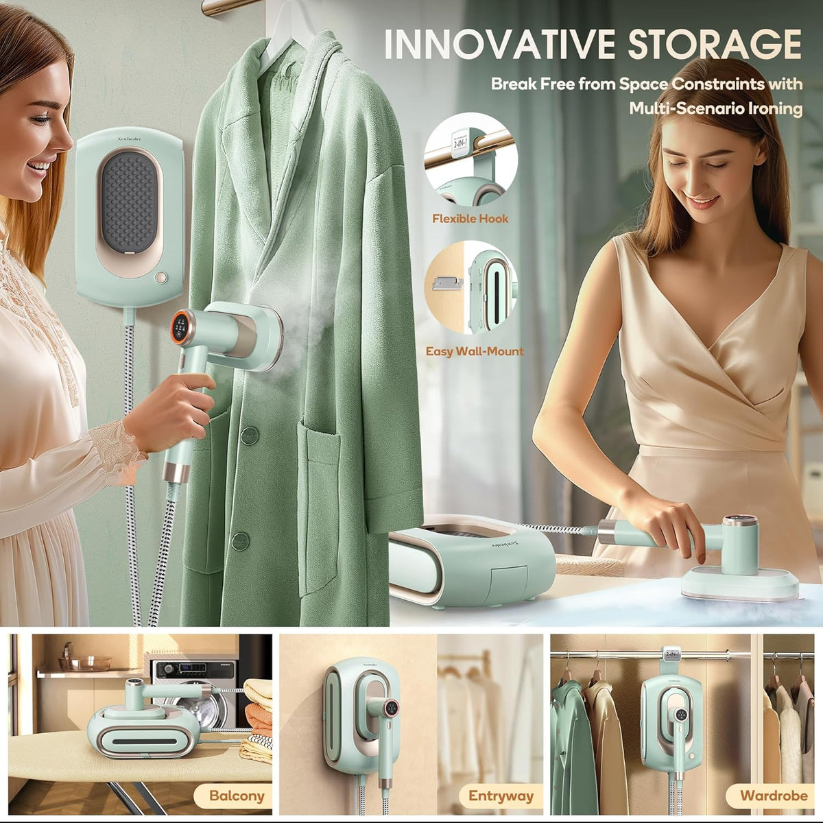 Newbealer 2In1 Pro Steam Station Iron, 1550W Turbo 3-level Steam & 3 Dry Heat Modes for Clothes