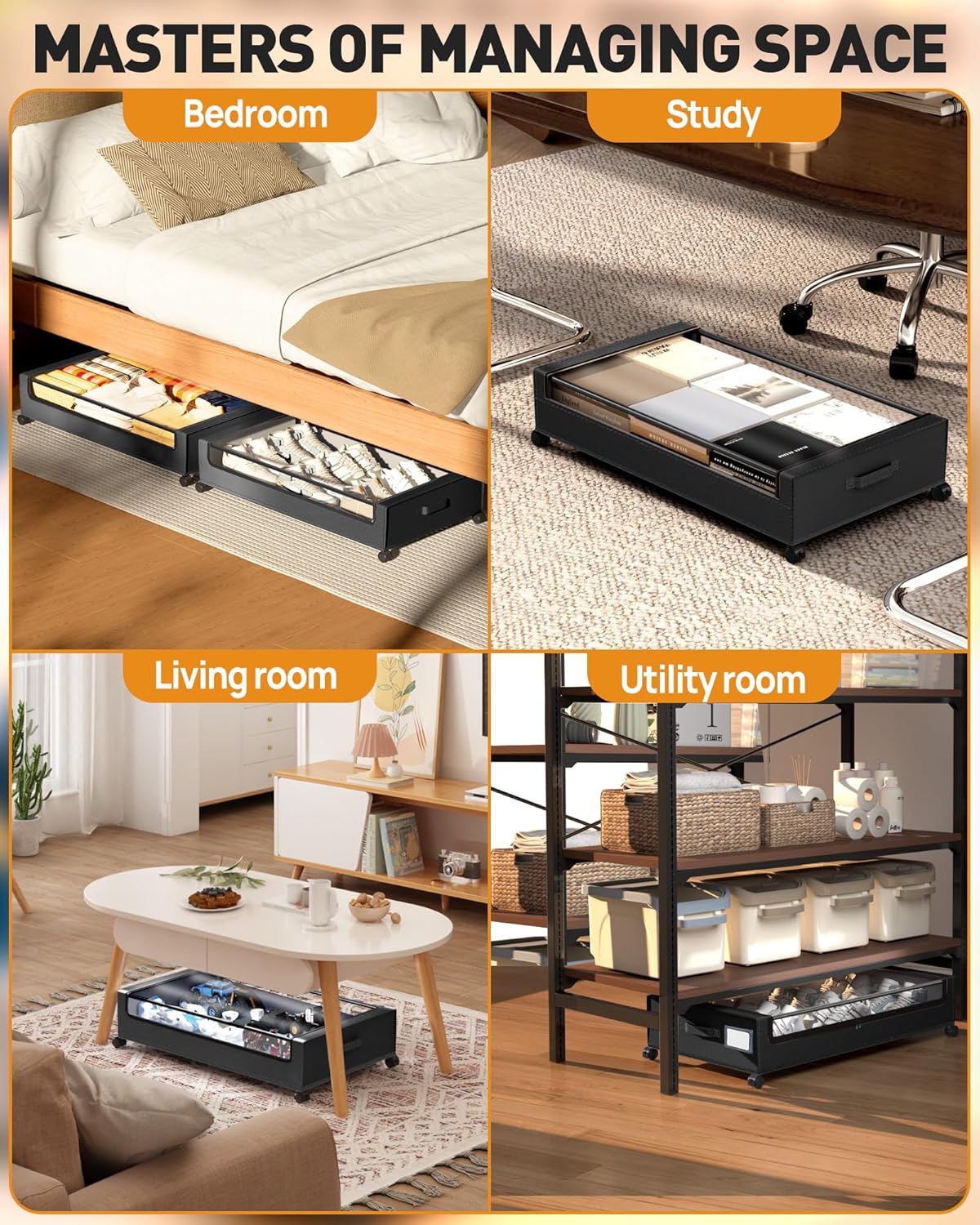 Under Bed Storage with Wheels, Square Under Bed Storage Containers, 4 Pack Under The Bed Storage