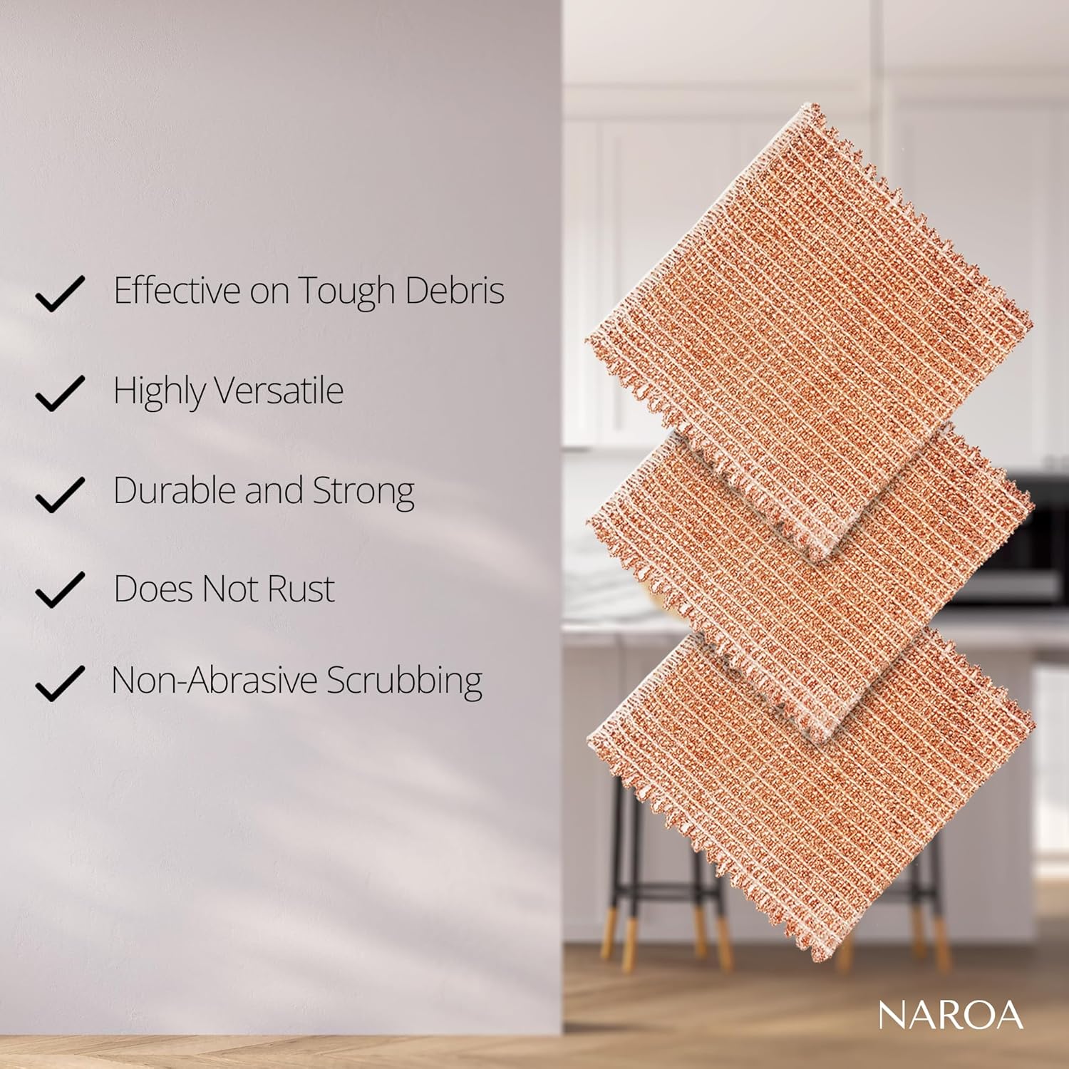 Naroa Copper Scrubbing Pads 3 Pack | 2-Ply Non-Abrasive Metal Mesh Scrubber | Reusable Copper