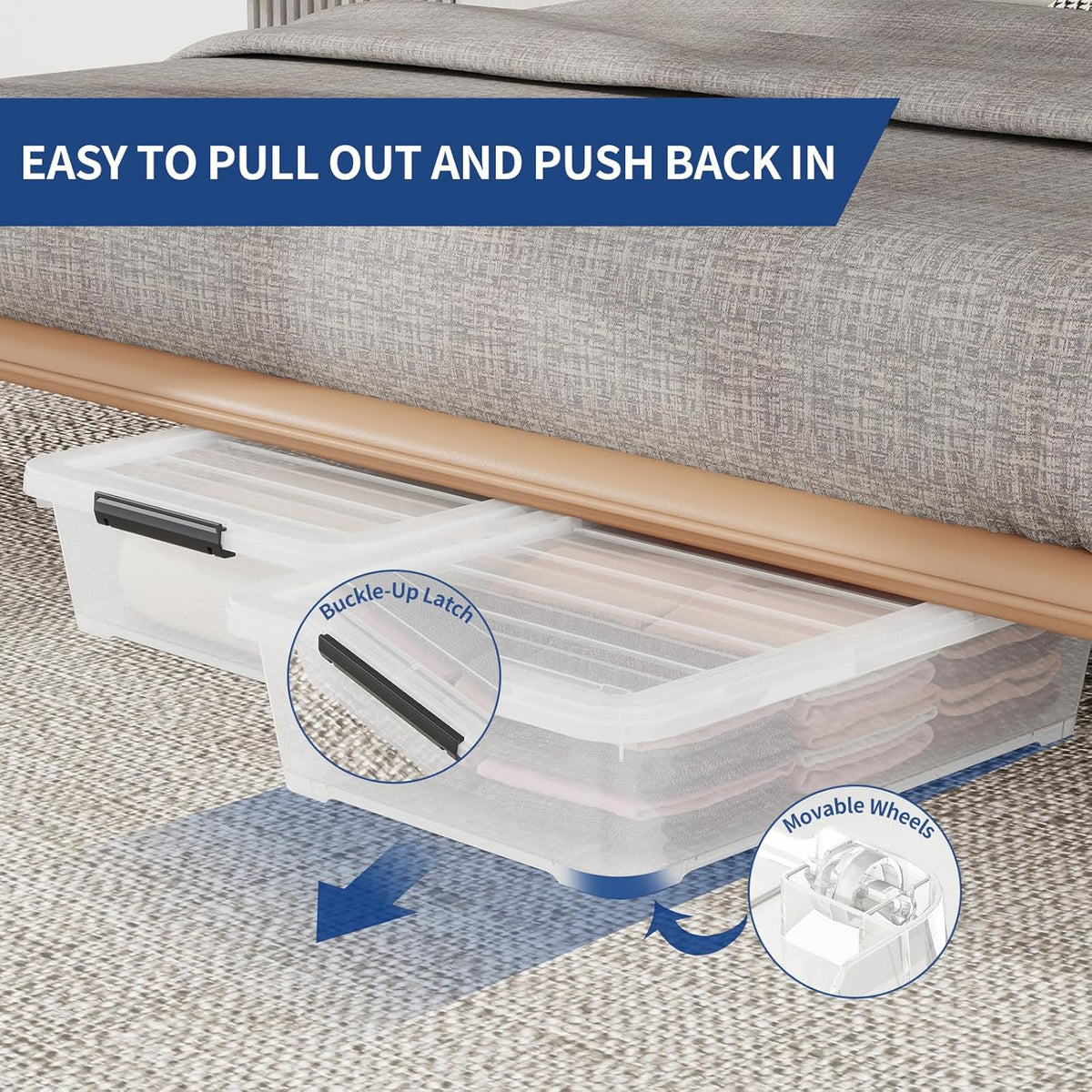 4Pack 40 Qt Plastic Under Bed Storage Organizer Bin Container with Secure Lids and Durable Wheels
