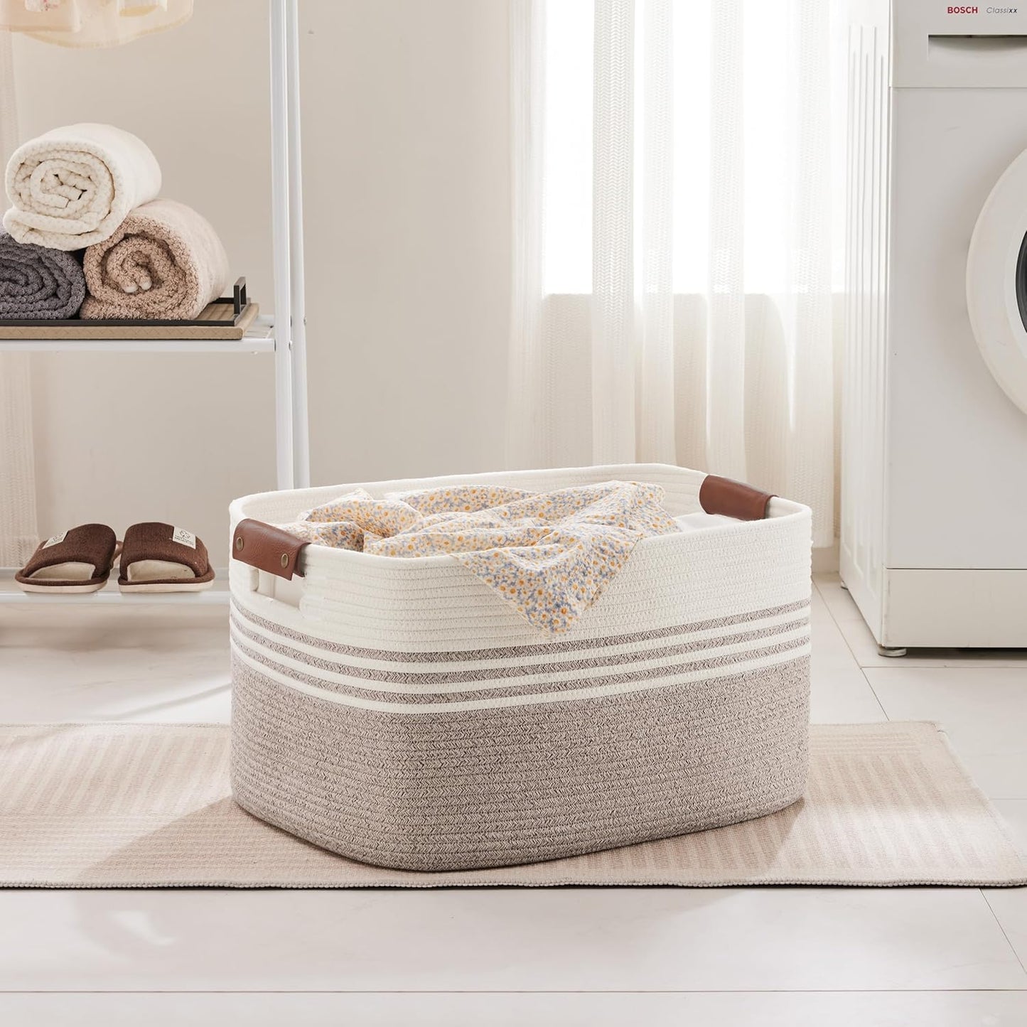 72L Large Laundry Basket with Leather Handles for Living Room Storage, Woven Rope Baskets Bin for