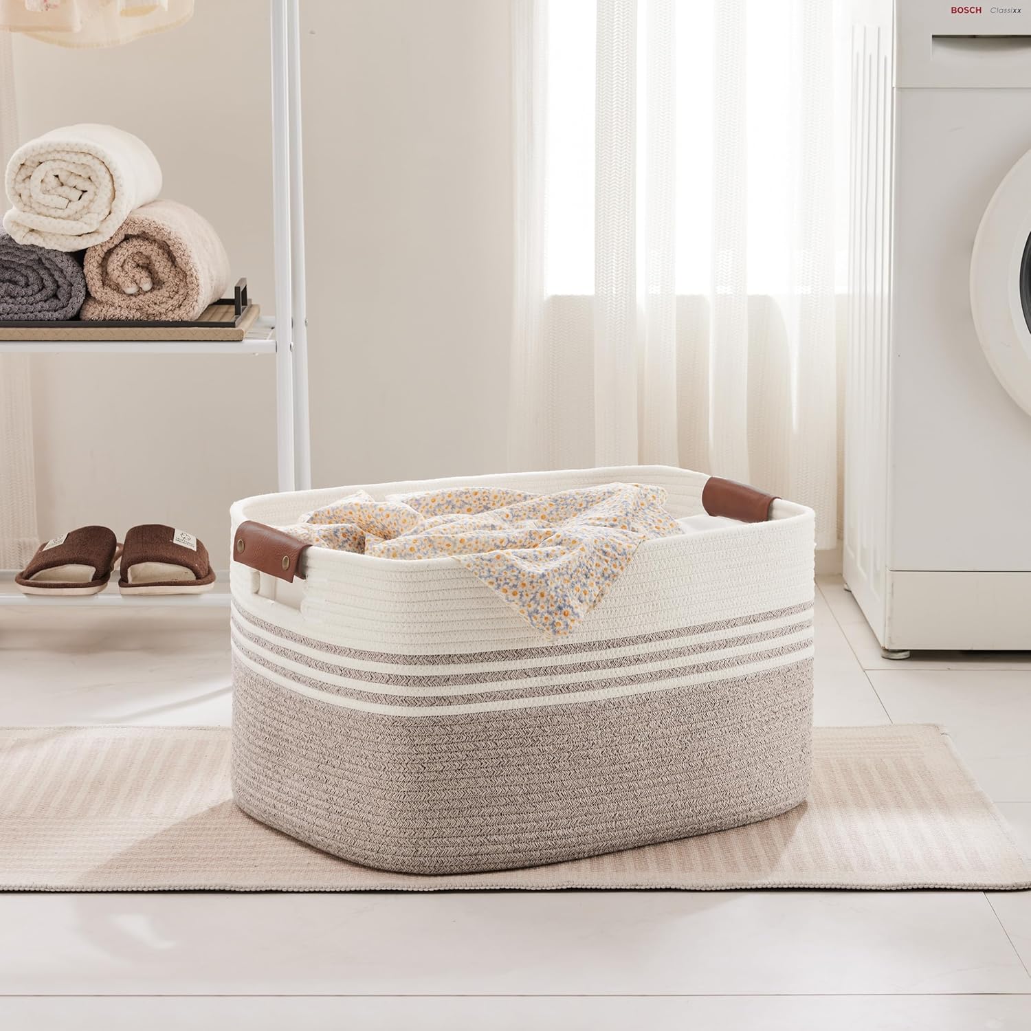 72L Large Laundry Basket with Leather Handles for Living Room Storage, Woven Rope Baskets Bin for