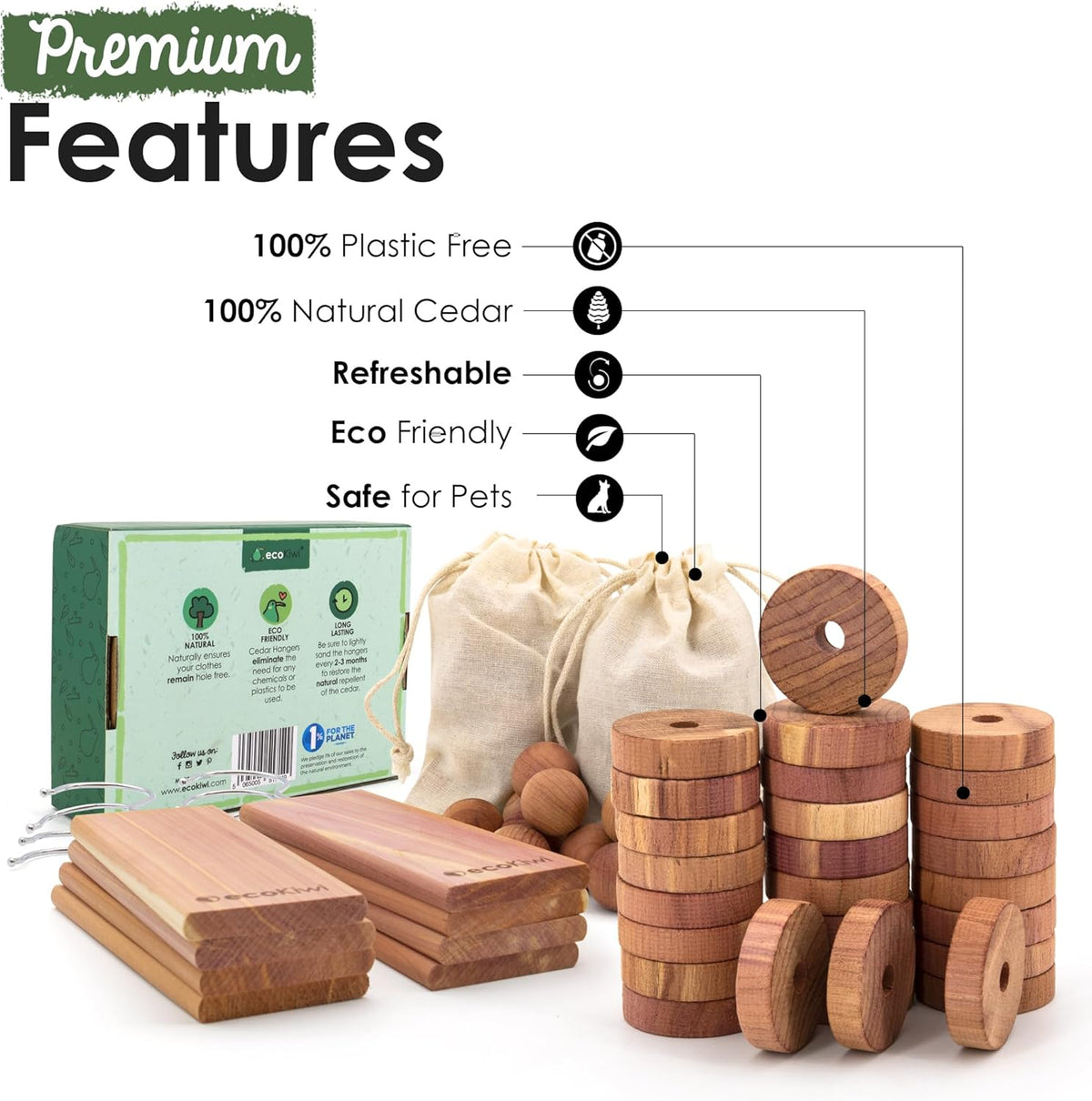 ecoKiwi Cedar Blocks for Clothes Storage Super Bundle Box - Cedar Hangers x10, Balls x30 & Rings