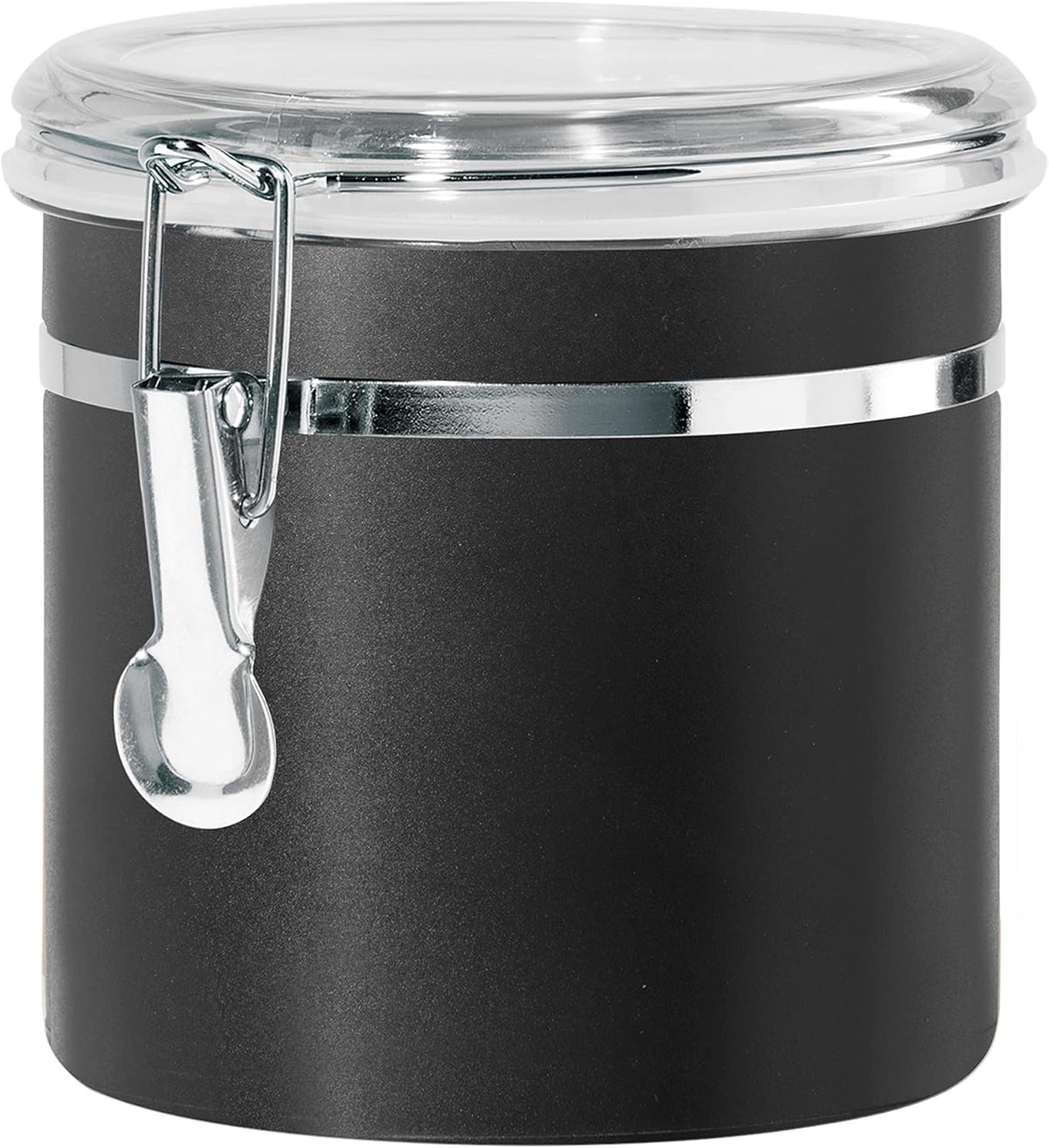 Oggi Stainless Steel Kitchen Canister 36 fl oz, Black - Airtight Clamp Lid, Clear See-Thru Top