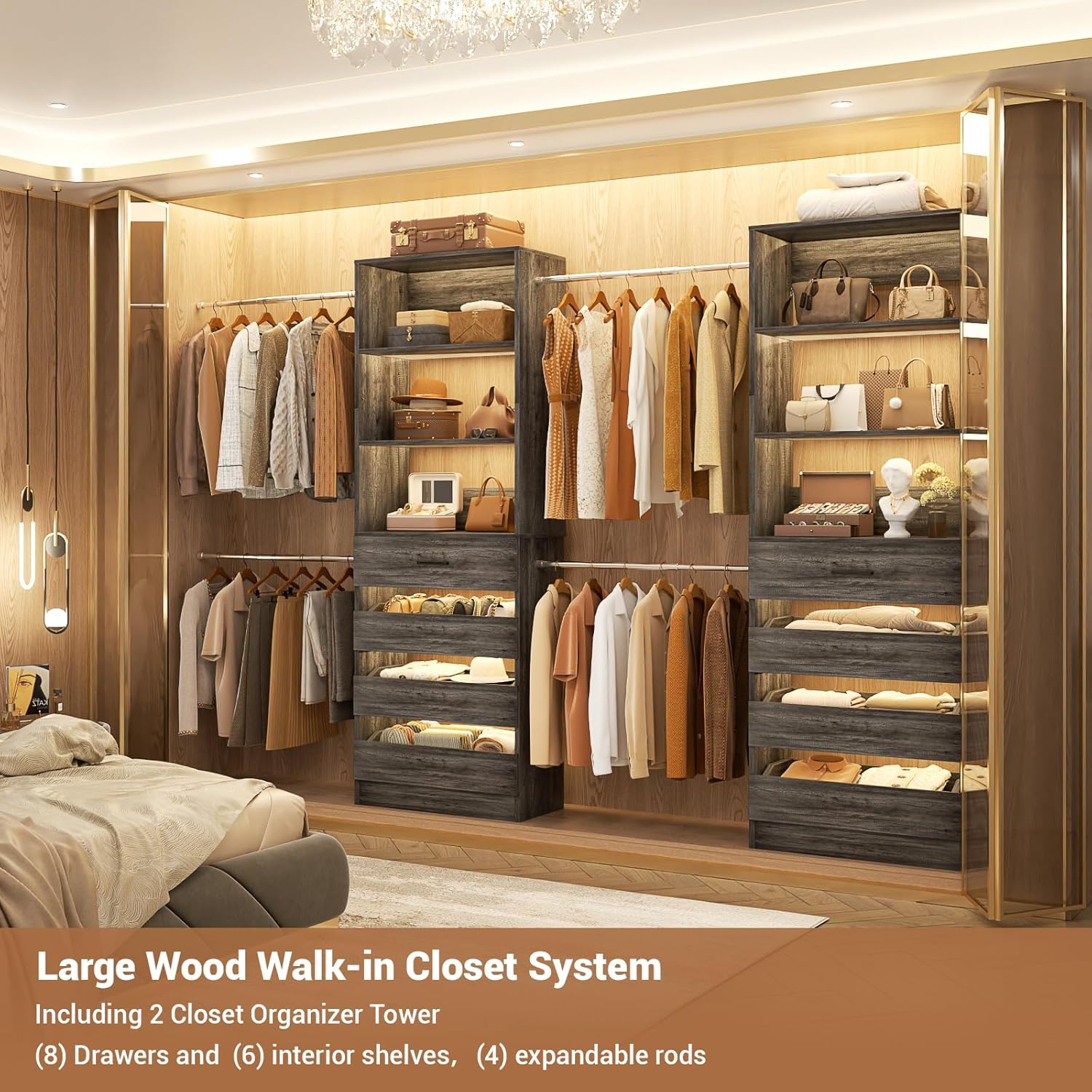Aheaplus Closet System, 6-15Ft Closet Organizer with 8 Wooden Drawers, Wood Closet Organizer System