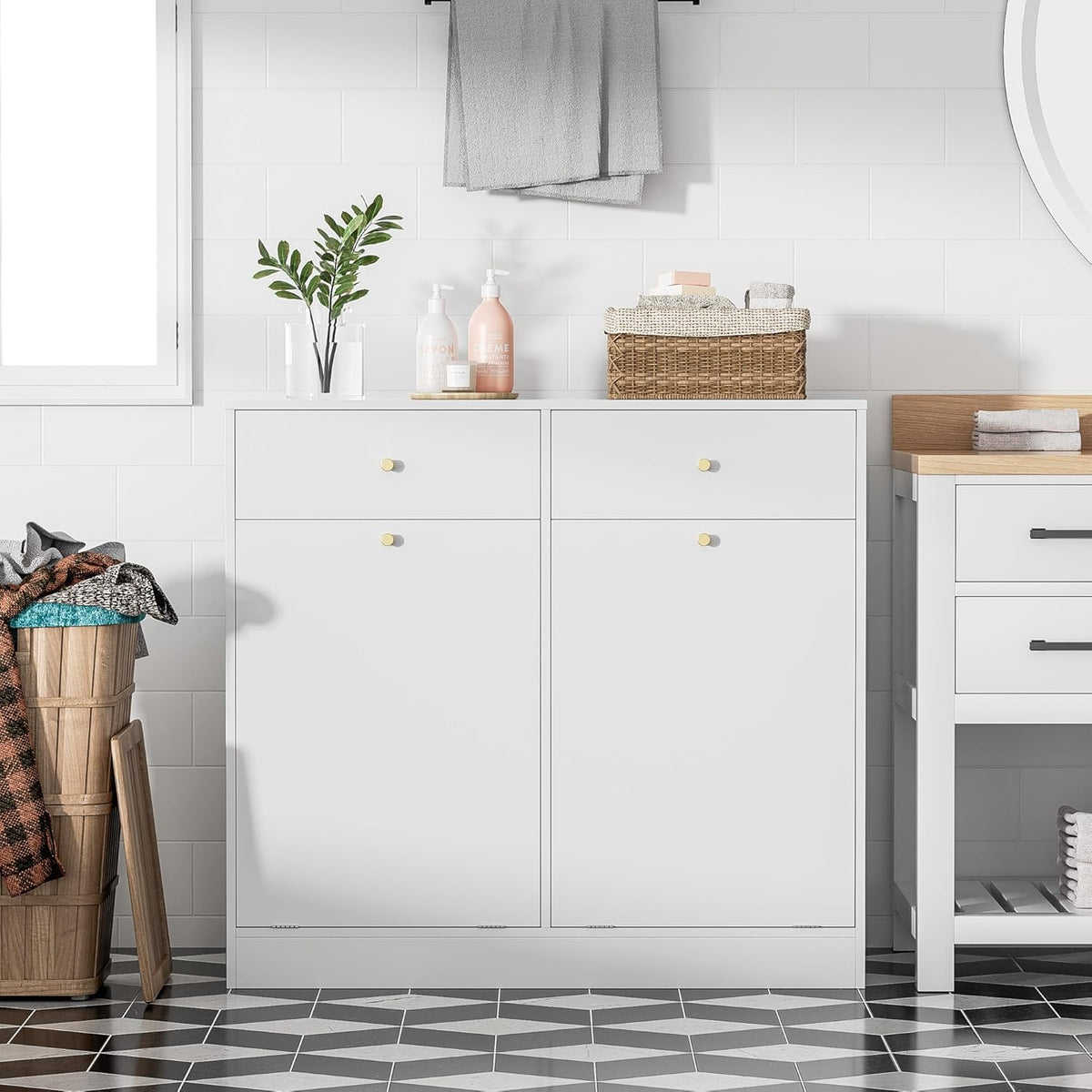 Double Tilt Out Trash Can Cabinet with 2 Drawers, Trash Storage Cabinet, Hidden Garbage Bin, Free