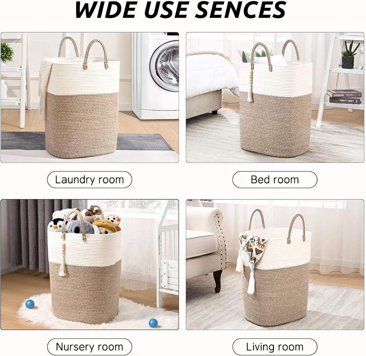 65L Woven Laundry Basket for Clothes, Large Rectangle Laundry Hampers with Beads Tassel, Nursery